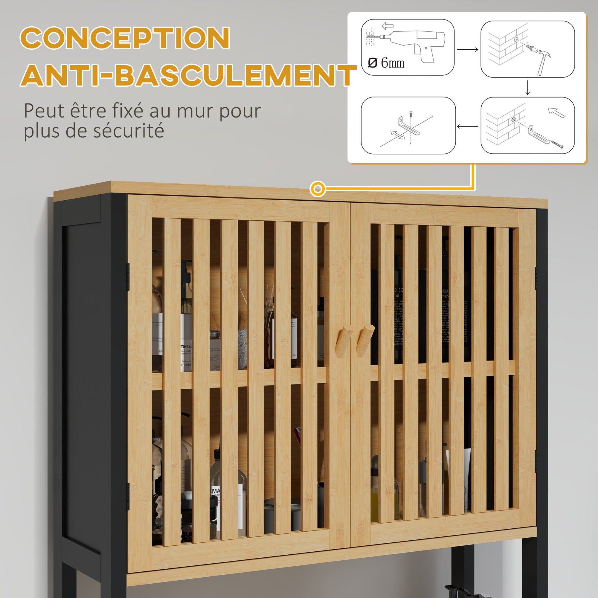 Over-the-Toilet Shelf Bathroom Cabinet with 2 Doors Cupboard and Open Shelf 60L x 21.5W x 172H cm Bamboo - Natural Wood and Black