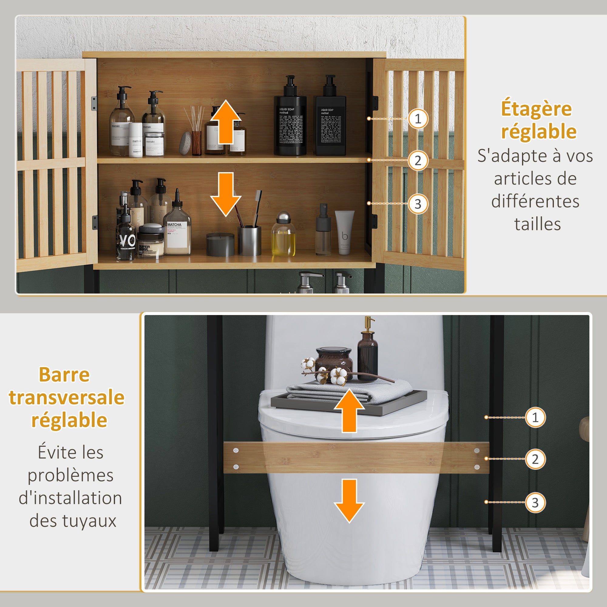 Over-the-Toilet Shelf Bathroom Cabinet with 2 Doors Cupboard and Open Shelf 60L x 21.5W x 172H cm Bamboo - Natural Wood and Black
