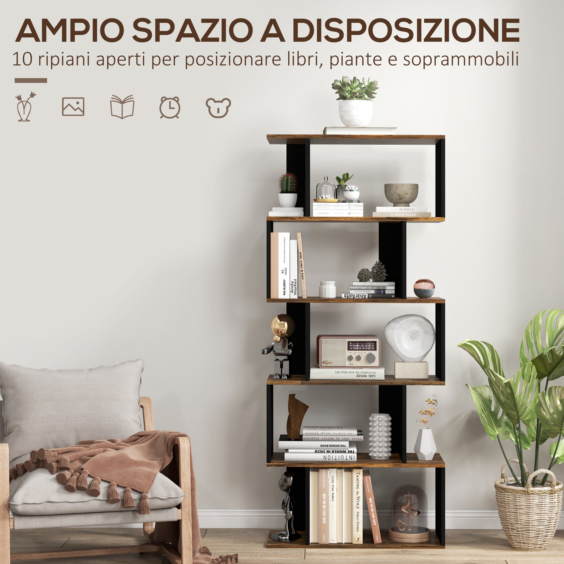 5-Tier Bookshelf, Modern Wood Bookcase with 10 Open Compartments for Home and Office, 70x29.5x163cm, Rustic Brown