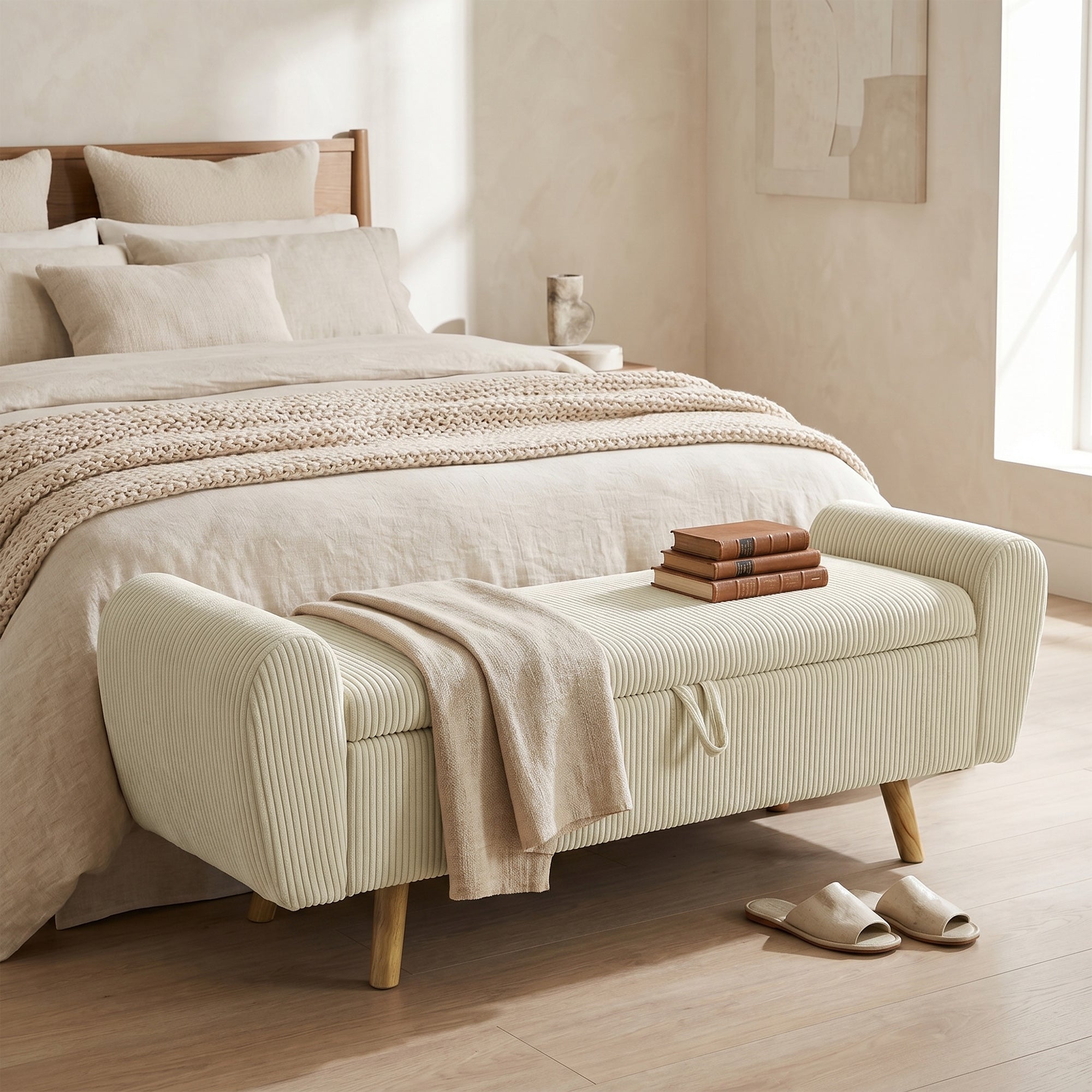 73 L Storage Bench, 59 x 17.7 x 20 in (150 x 45 x 51 cm), Upholstered Corduroy Velvet with Armrests and Hevea Wood Legs, Beige