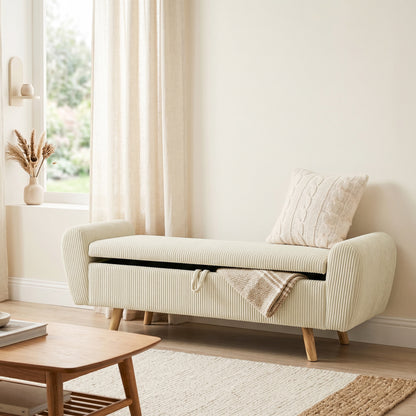 73 L Storage Bench, 59 x 17.7 x 20 in (150 x 45 x 51 cm), Upholstered Corduroy Velvet with Armrests and Hevea Wood Legs, Beige