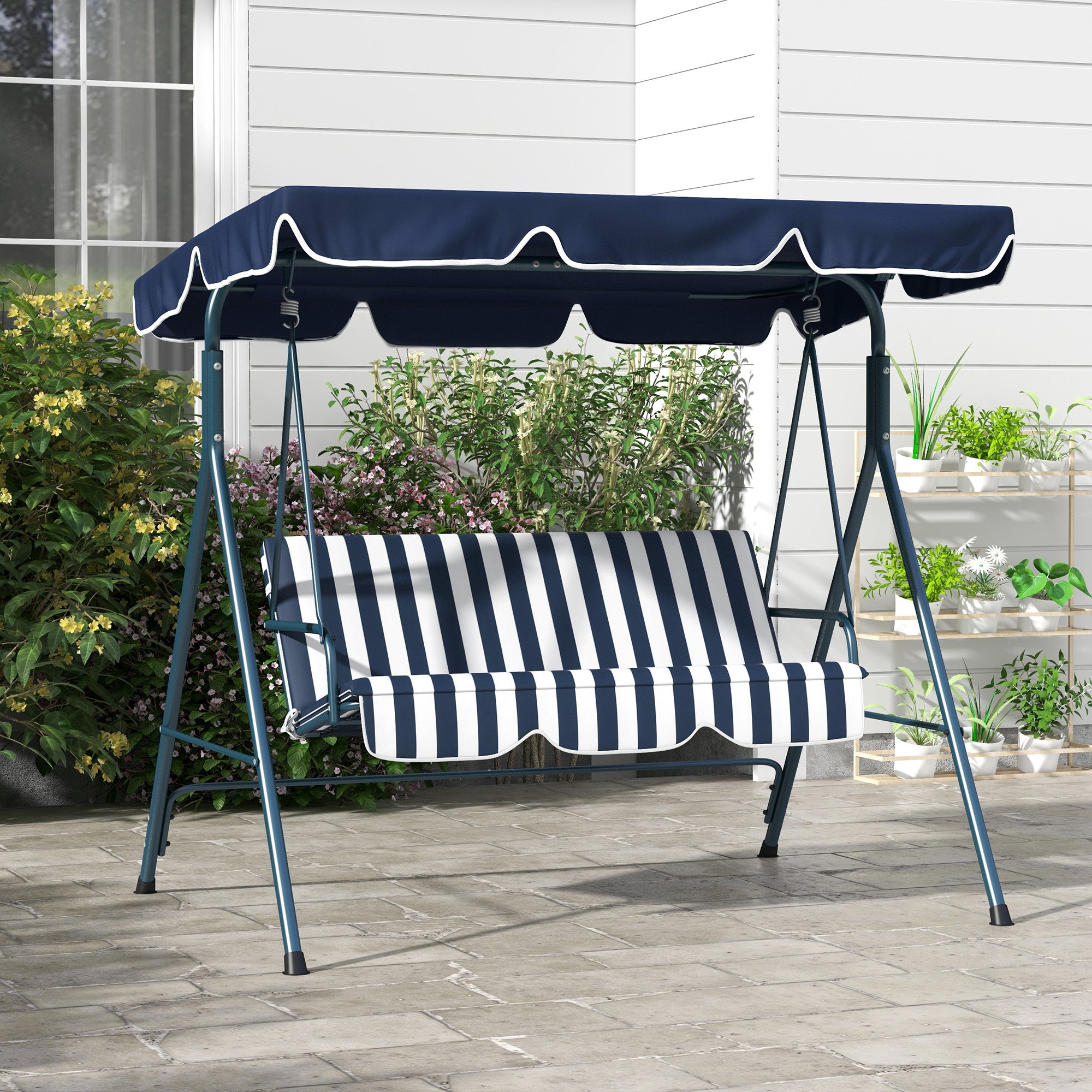 Hollywood Swing 3-Seater Garden Swing with Adjustable Roof, Water-Resistant Swing Bench Up to 240 kg Load Capacity, for Garden, Balcony, Mesh, Blue