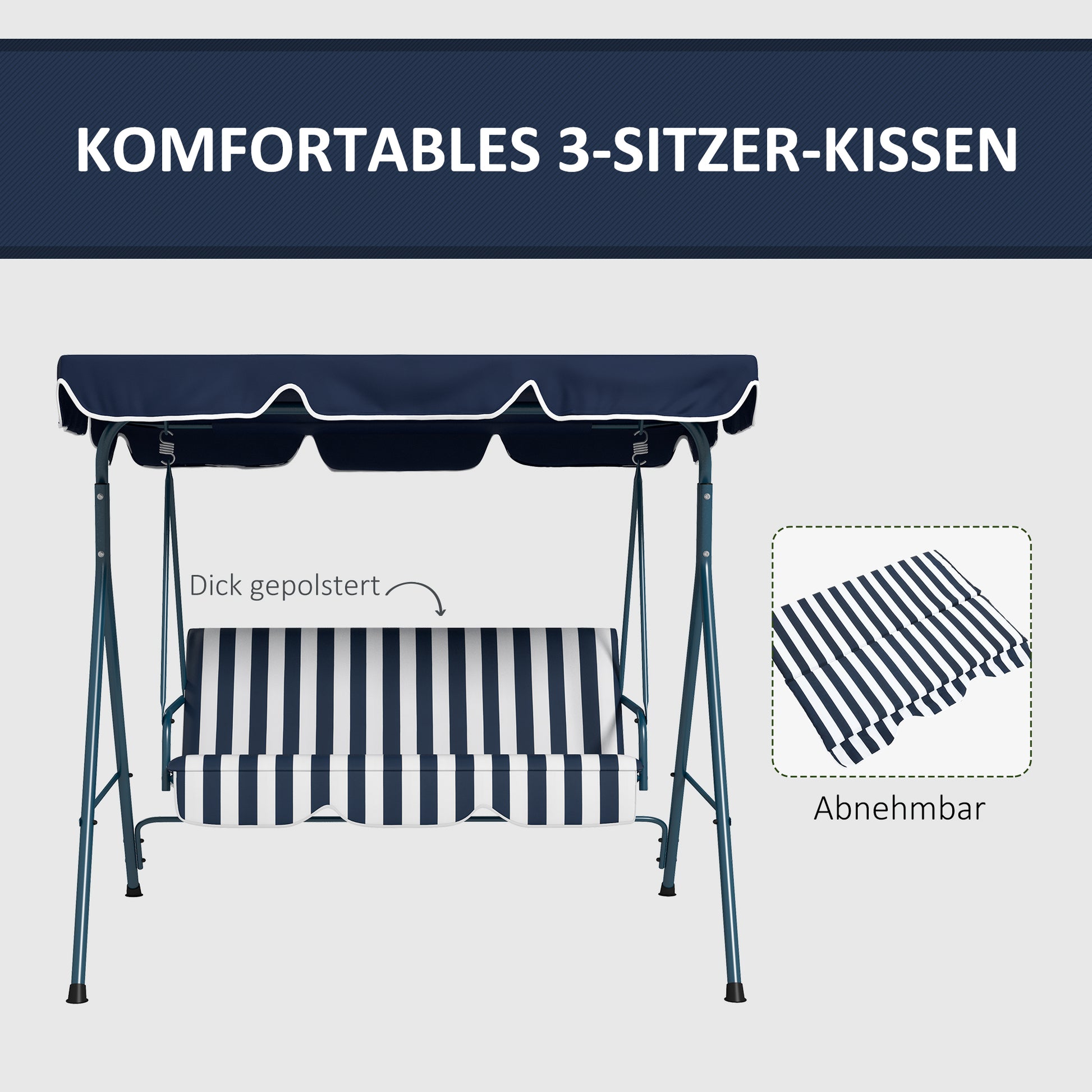 Hollywood Swing 3-Seater Garden Swing with Adjustable Roof, Water-Resistant Swing Bench Up to 240 kg Load Capacity, for Garden, Balcony, Mesh, Blue