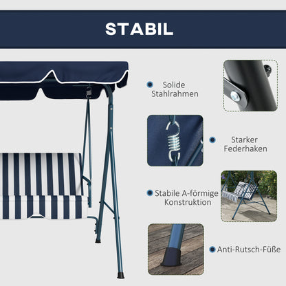 Hollywood Swing 3-Seater Garden Swing with Adjustable Roof, Water-Resistant Swing Bench Up to 240 kg Load Capacity, for Garden, Balcony, Mesh, Blue