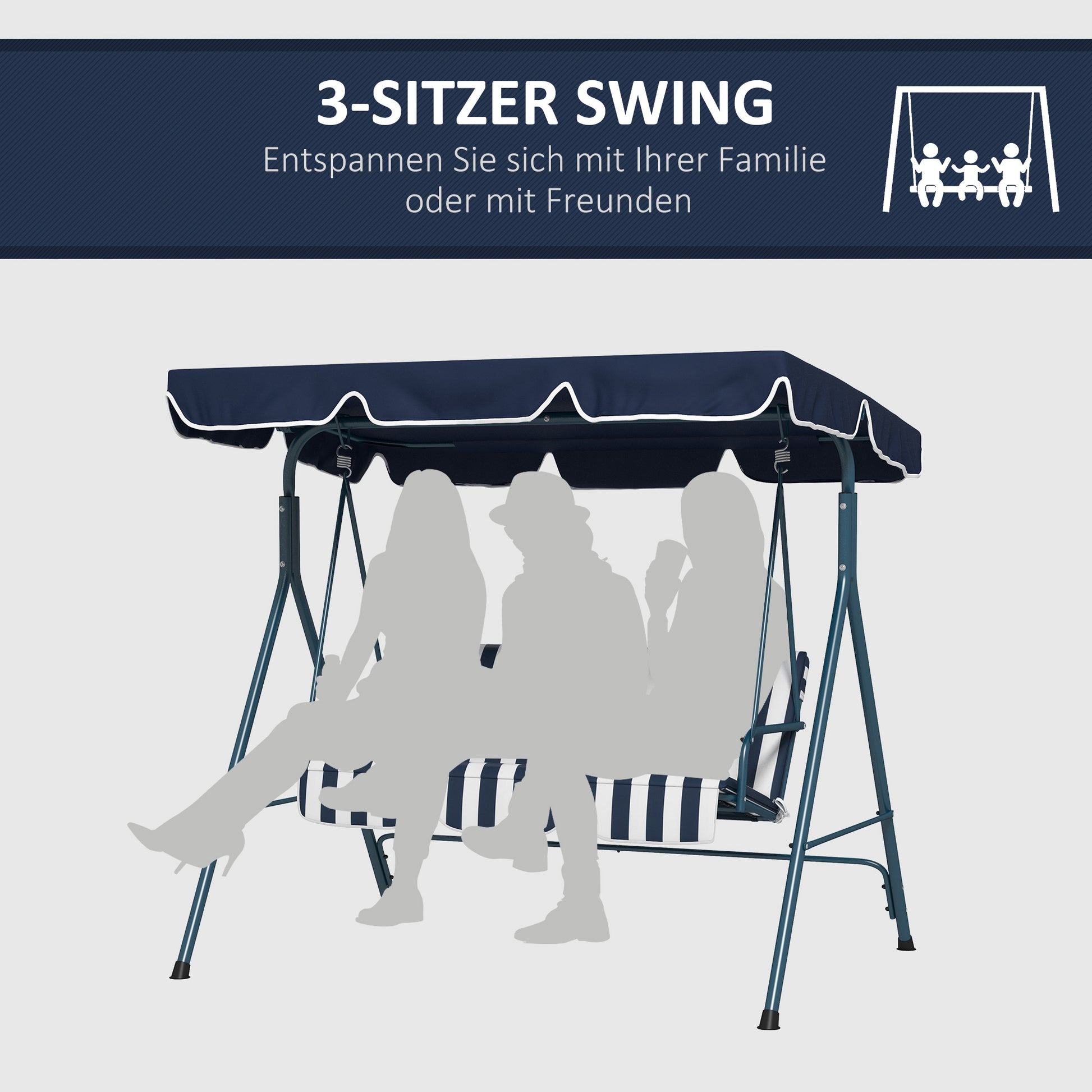 Hollywood Swing 3-Seater Garden Swing with Adjustable Roof, Water-Resistant Swing Bench Up to 240 kg Load Capacity, for Garden, Balcony, Mesh, Blue