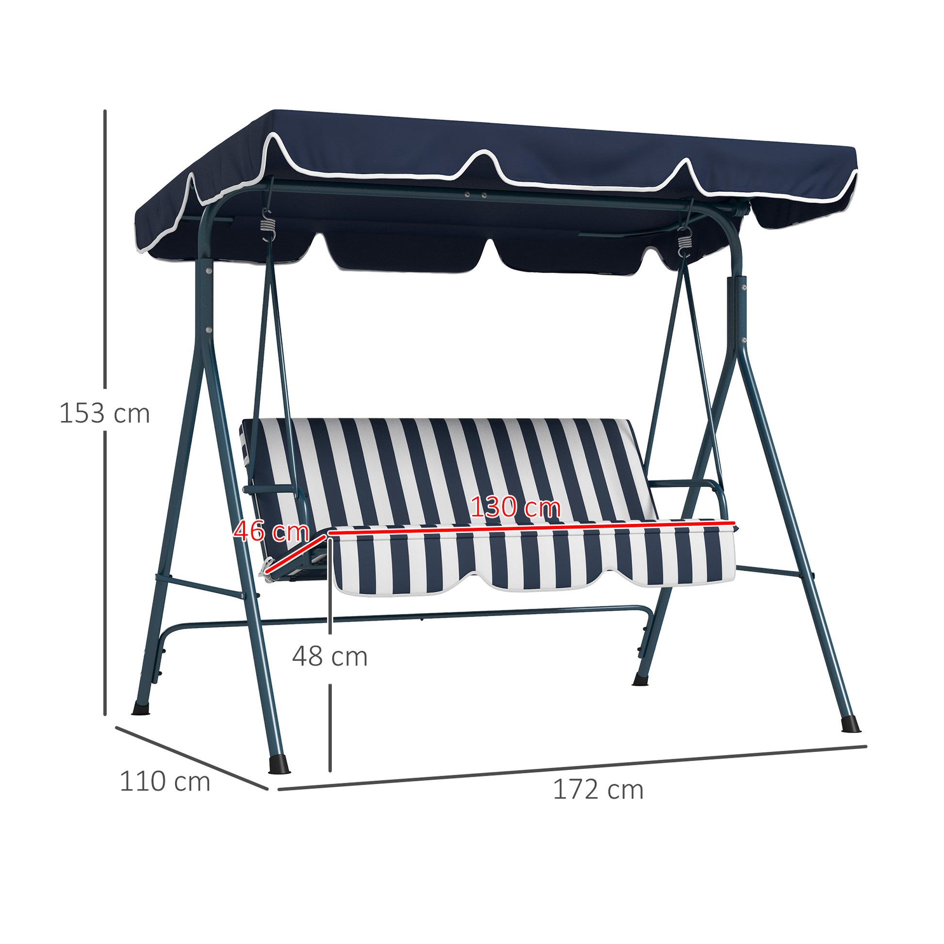 Hollywood Swing 3-Seater Garden Swing with Adjustable Roof, Water-Resistant Swing Bench Up to 240 kg Load Capacity, for Garden, Balcony, Mesh, Blue