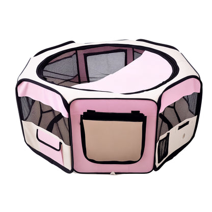 Foldable Playpen for Dogs & Cats — Portable Octagonal Pet Pen, Water-Resistant 600D Oxford with 2 Zippered Doors, Indoor/Outdoor, Ø90 x 41 cm (35.4 x 16.1 in), Pink