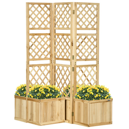 Raised Bed with Foldable Trellis, Plant Box with Privacy Screen, 133 x 165 cm Room Divider with 4 Flower Boxes, Balcony Divider, Made of Pine Wood, Natural