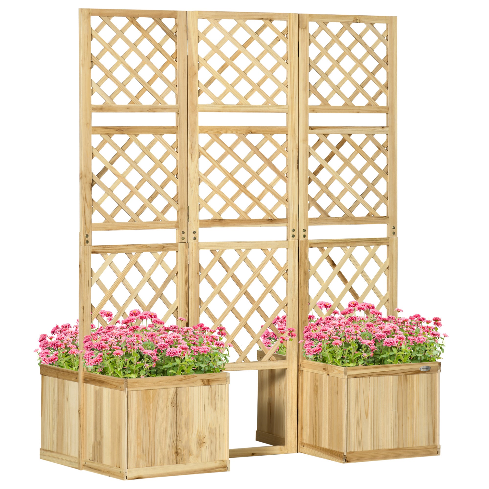 Raised Bed with Foldable Trellis, Plant Box with Privacy Screen, 133 x 165 cm Room Divider with 4 Flower Boxes, Balcony Divider, Made of Pine Wood, Natural