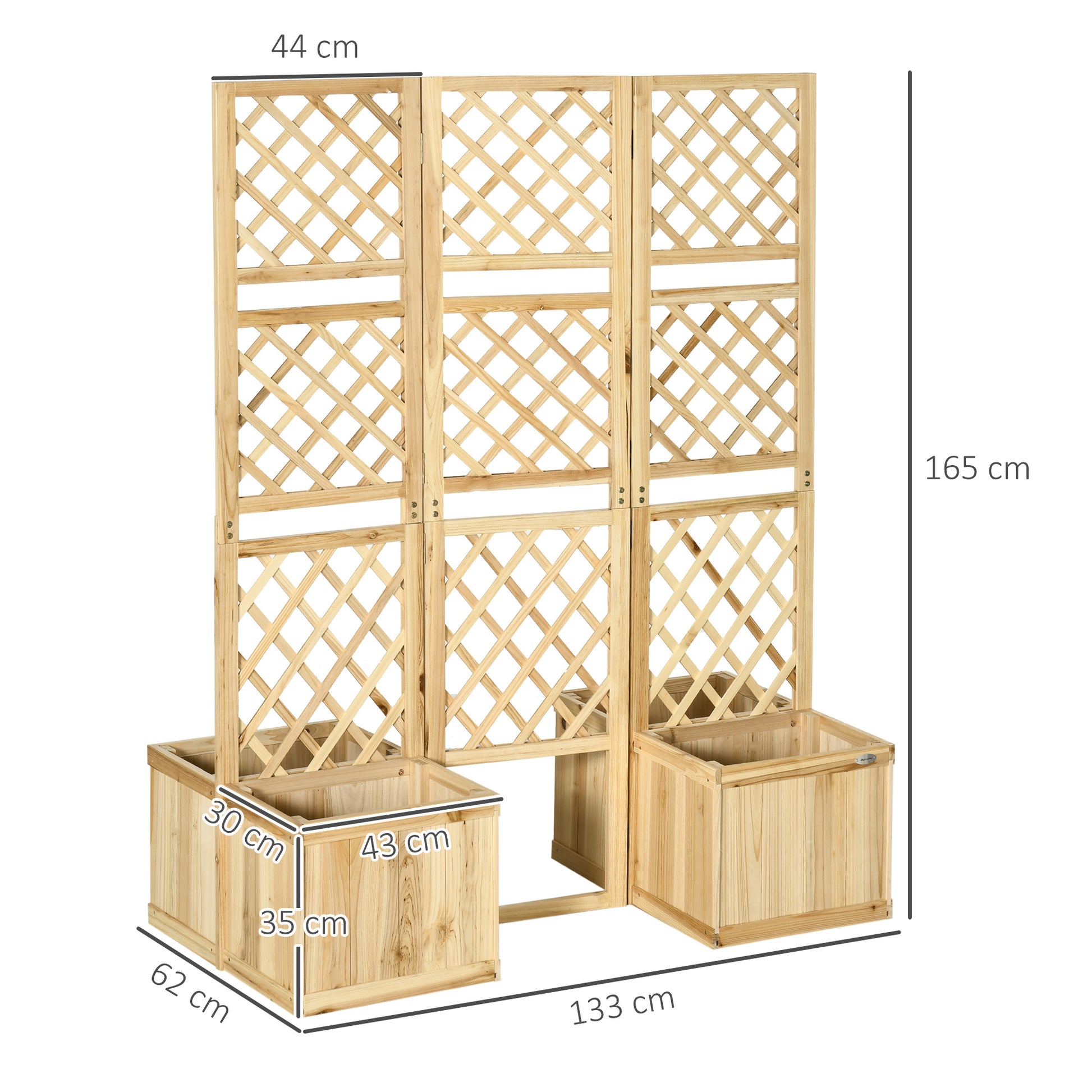 Raised Bed with Foldable Trellis, Plant Box with Privacy Screen, 133 x 165 cm Room Divider with 4 Flower Boxes, Balcony Divider, Made of Pine Wood, Natural