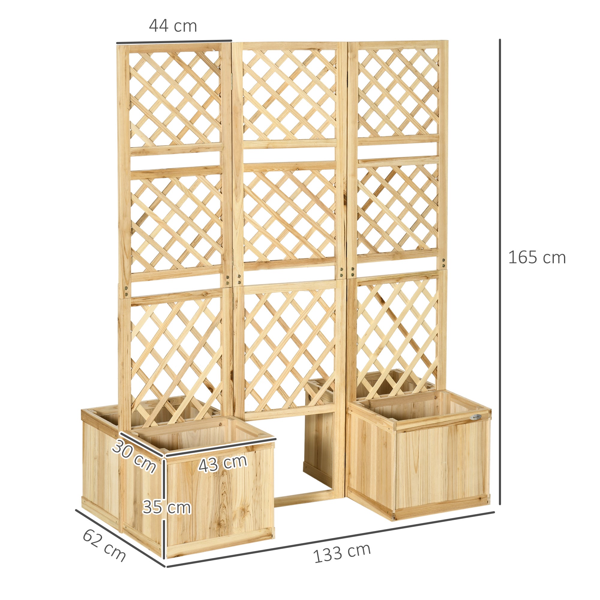 Raised Bed with Foldable Trellis, Plant Box with Privacy Screen, 133 x 165 cm Room Divider with 4 Flower Boxes, Balcony Divider, Made of Pine Wood, Natural