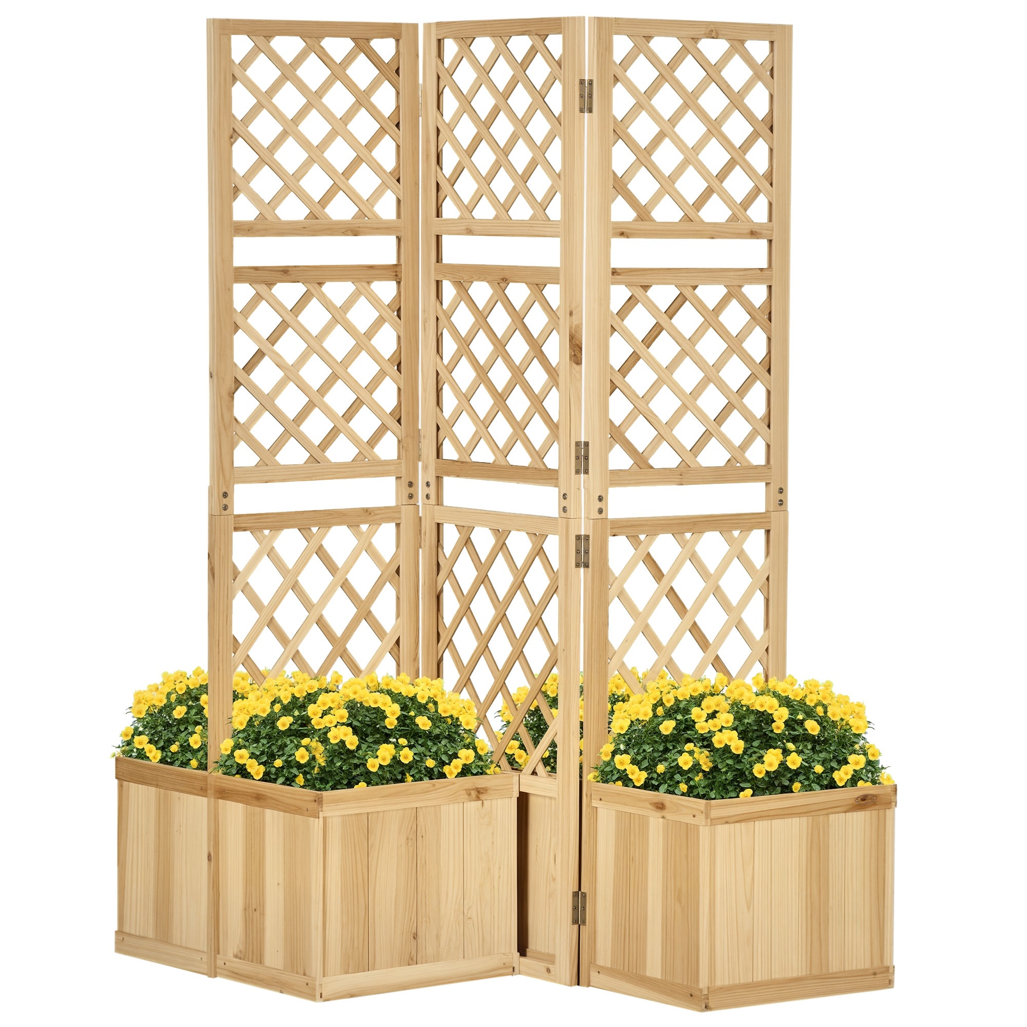 Raised Bed with Foldable Trellis, Plant Box with Privacy Screen, 133 x 165 cm Room Divider with 4 Flower Boxes, Balcony Divider, Made of Pine Wood, Natural