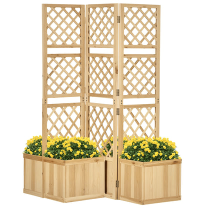 Raised Bed with Foldable Trellis, Plant Box with Privacy Screen, 133 x 165 cm Room Divider with 4 Flower Boxes, Balcony Divider, Made of Pine Wood, Natural