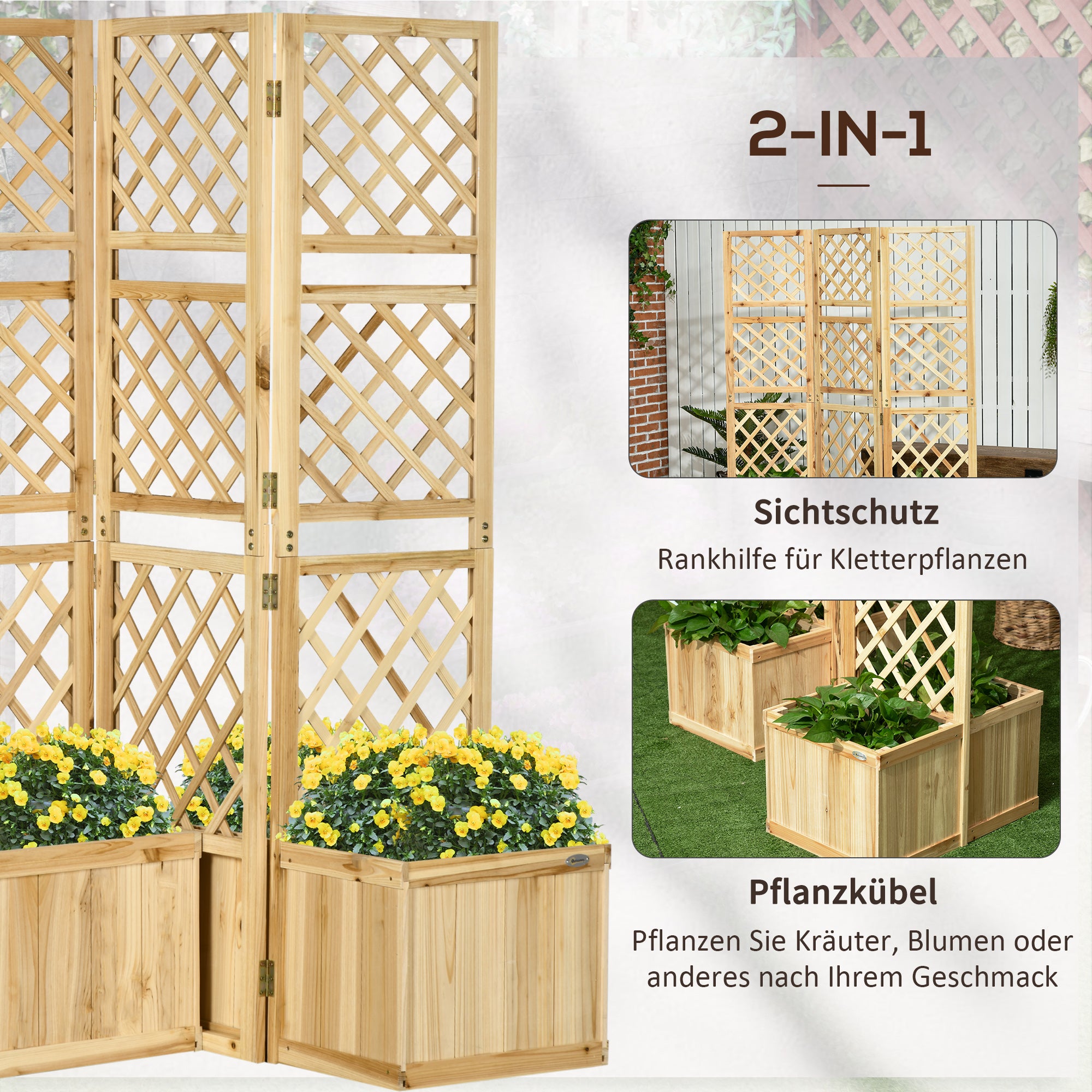 Raised Bed with Foldable Trellis, Plant Box with Privacy Screen, 133 x 165 cm Room Divider with 4 Flower Boxes, Balcony Divider, Made of Pine Wood, Natural