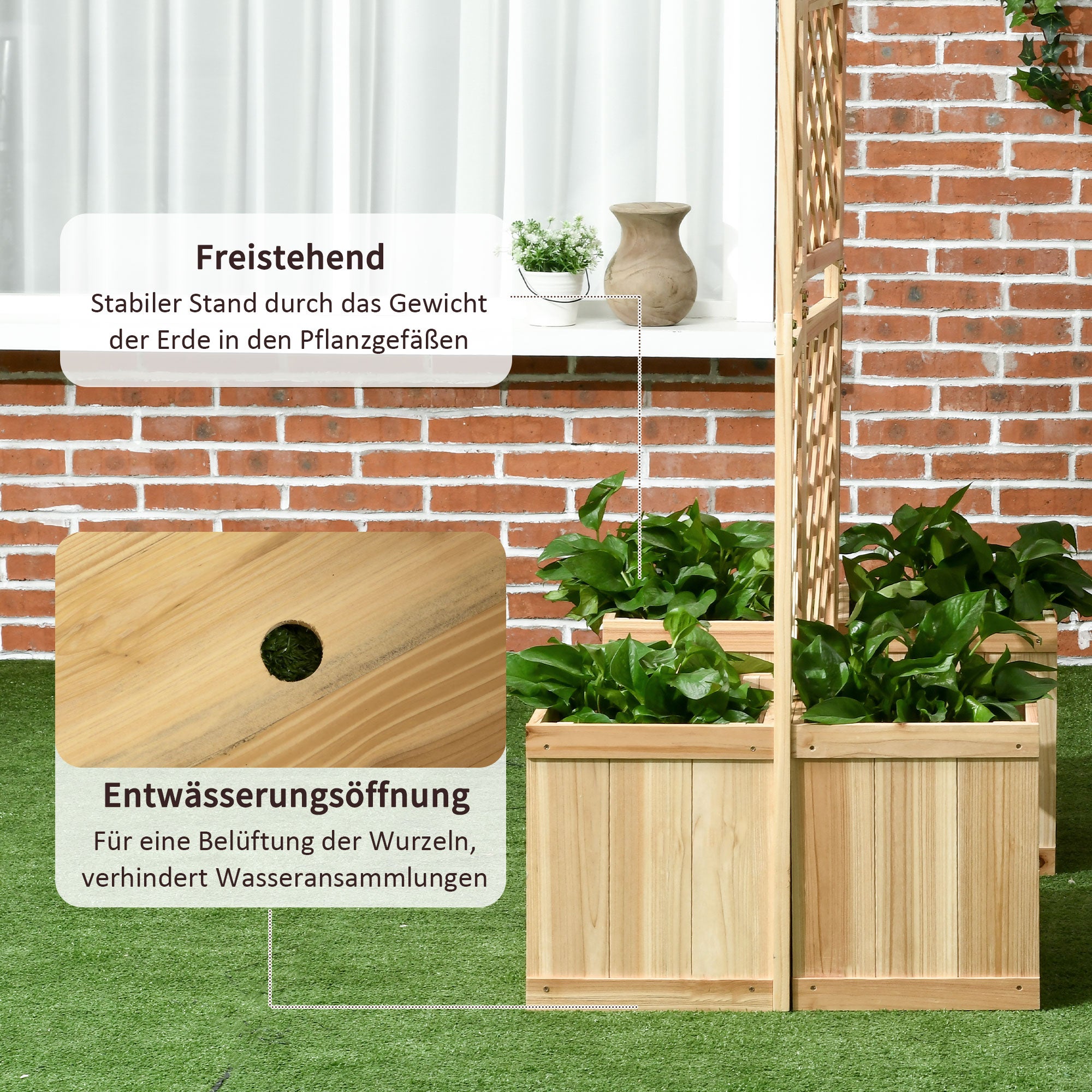 Raised Bed with Foldable Trellis, Plant Box with Privacy Screen, 133 x 165 cm Room Divider with 4 Flower Boxes, Balcony Divider, Made of Pine Wood, Natural