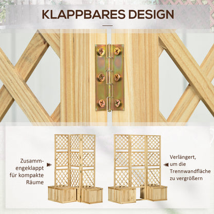 Raised Bed with Foldable Trellis, Plant Box with Privacy Screen, 133 x 165 cm Room Divider with 4 Flower Boxes, Balcony Divider, Made of Pine Wood, Natural