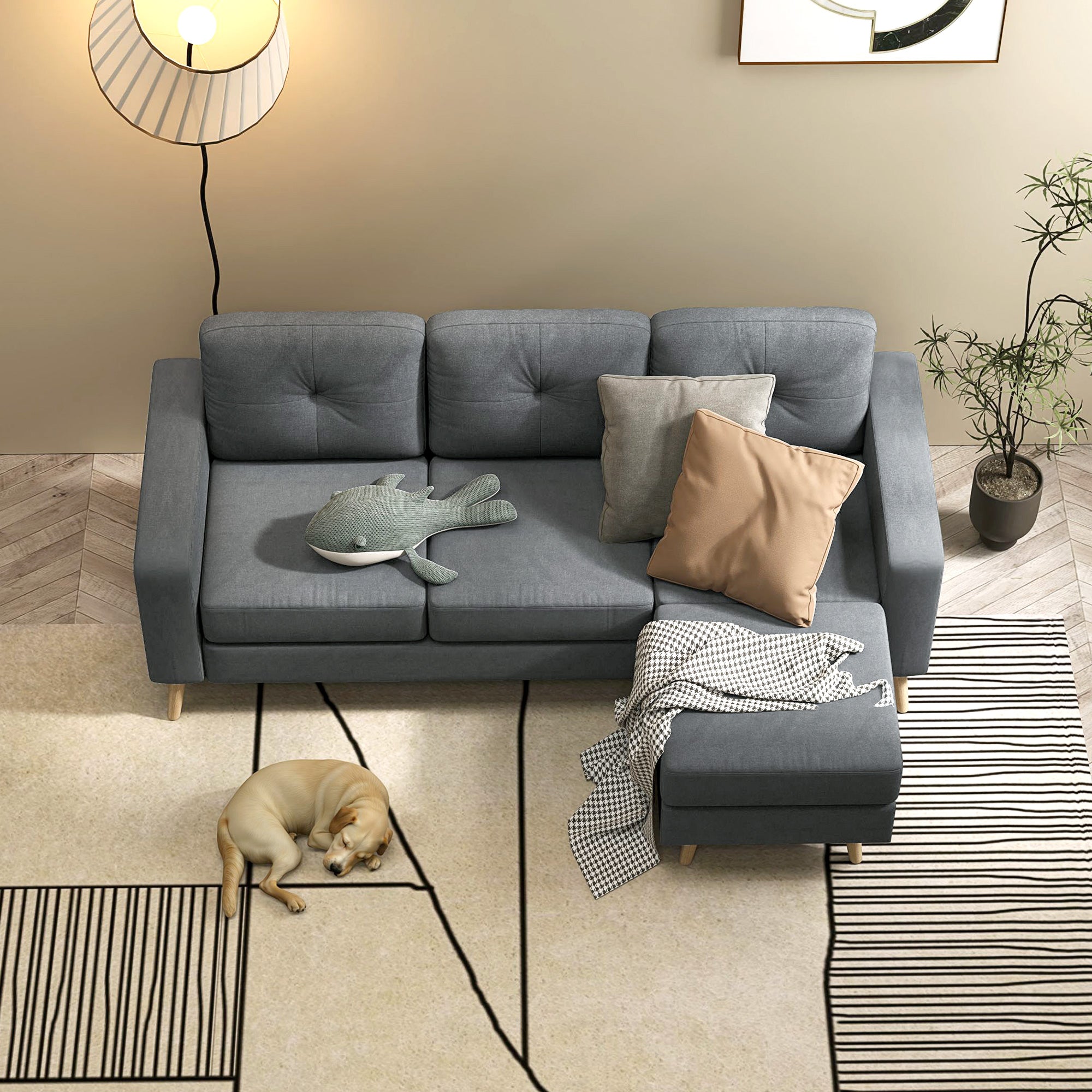 Linen Fabric Corner Sofa, 3 Seater Sofa, Reversible Chaise Lounge Left or Right, 193 cm, Scandinavian Design, for Living Room, Apartment, Small Space, Solid Wood Legs, Dark Gray