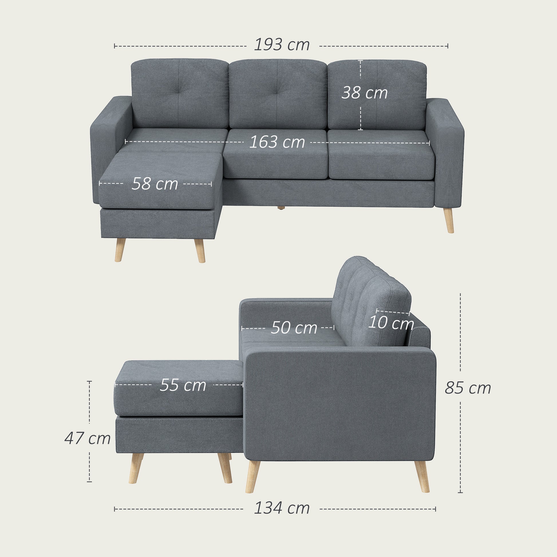 Linen Fabric Corner Sofa, 3 Seater Sofa, Reversible Chaise Lounge Left or Right, 193 cm, Scandinavian Design, for Living Room, Apartment, Small Space, Solid Wood Legs, Dark Gray