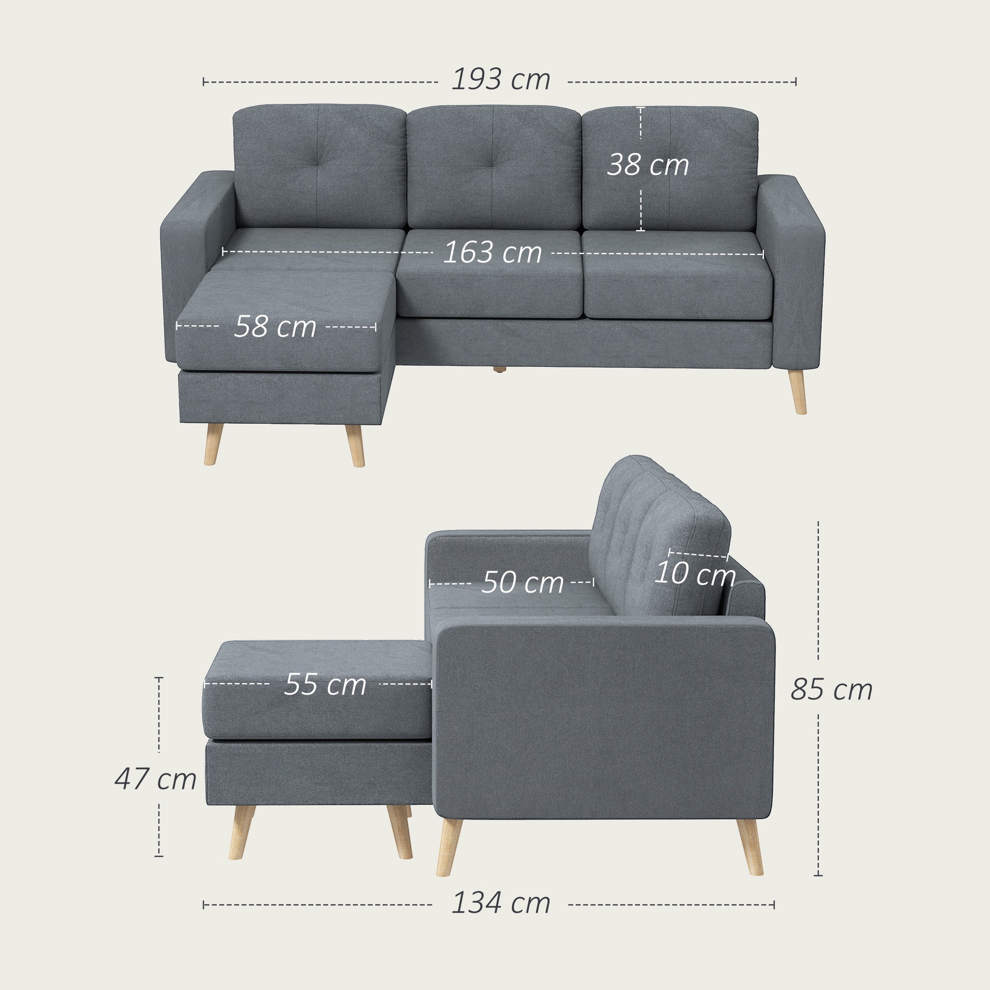 Linen Fabric Corner Sofa, 3 Seater Sofa, Reversible Chaise Lounge Left or Right, 193 cm, Scandinavian Design, for Living Room, Apartment, Small Space, Solid Wood Legs, Dark Gray