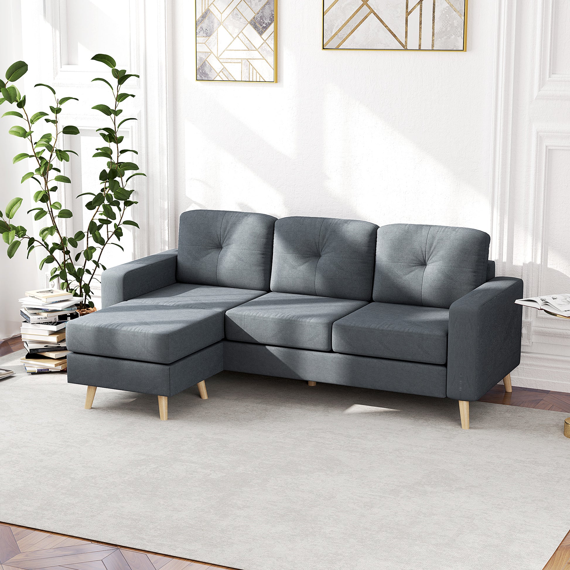 Linen Fabric Corner Sofa, 3 Seater Sofa, Reversible Chaise Lounge Left or Right, 193 cm, Scandinavian Design, for Living Room, Apartment, Small Space, Solid Wood Legs, Dark Gray