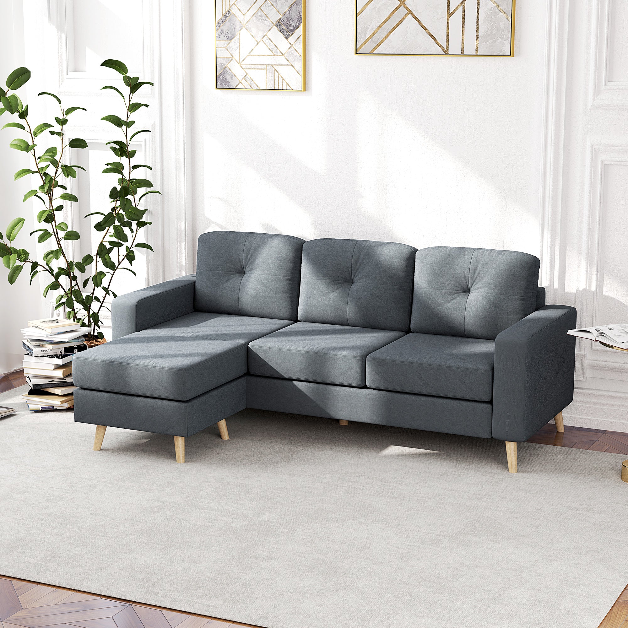 Linen Fabric Corner Sofa, 3 Seater Sofa, Reversible Chaise Lounge Left or Right, 193 cm, Scandinavian Design, for Living Room, Apartment, Small Space, Solid Wood Legs, Dark Gray