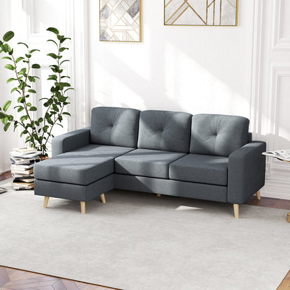 Linen Fabric Corner Sofa, 3 Seater Sofa, Reversible Chaise Lounge Left or Right, 193 cm, Scandinavian Design, for Living Room, Apartment, Small Space, Solid Wood Legs, Dark Gray