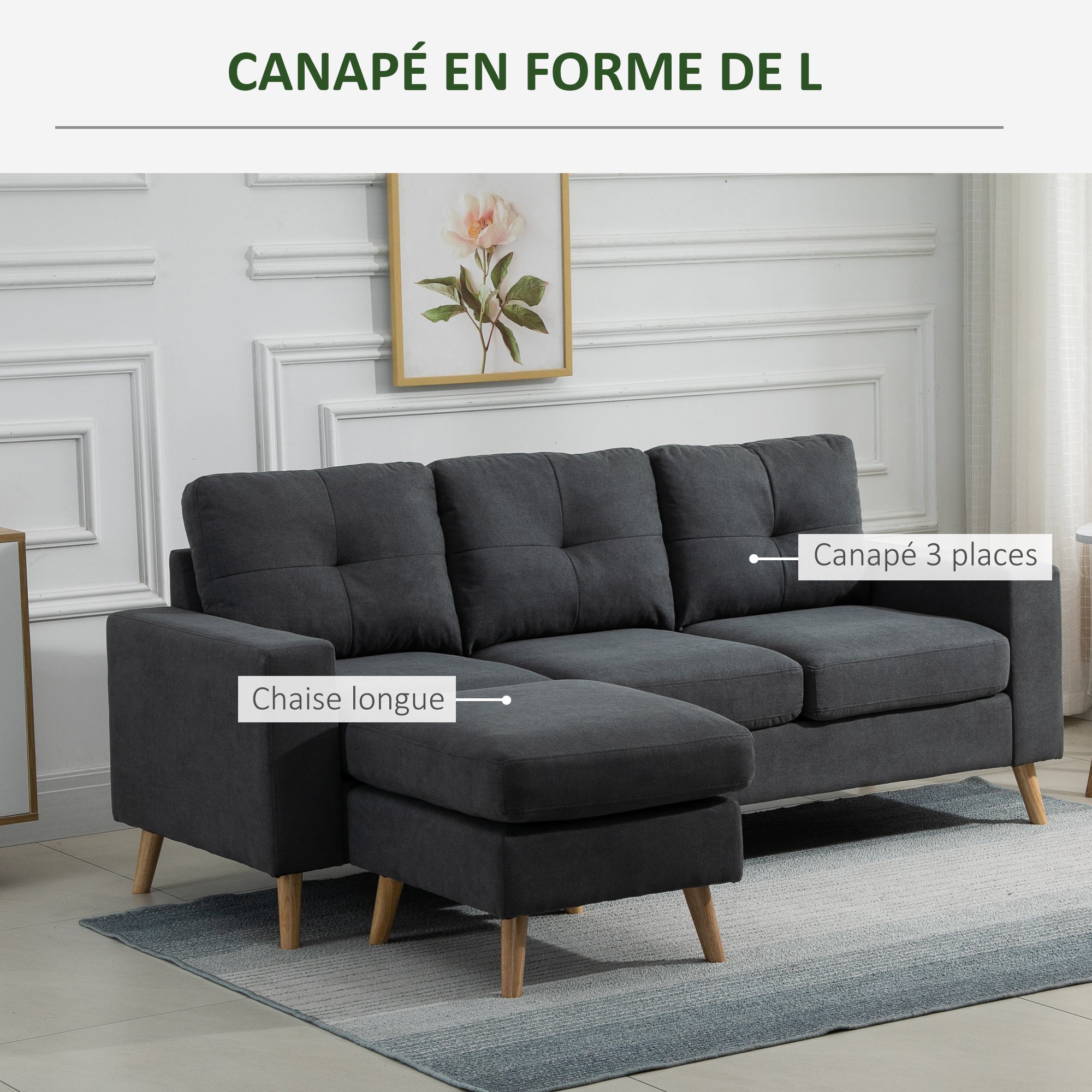 Linen Fabric Corner Sofa, 3 Seater Sofa, Reversible Chaise Lounge Left or Right, 193 cm, Scandinavian Design, for Living Room, Apartment, Small Space, Solid Wood Legs, Dark Gray