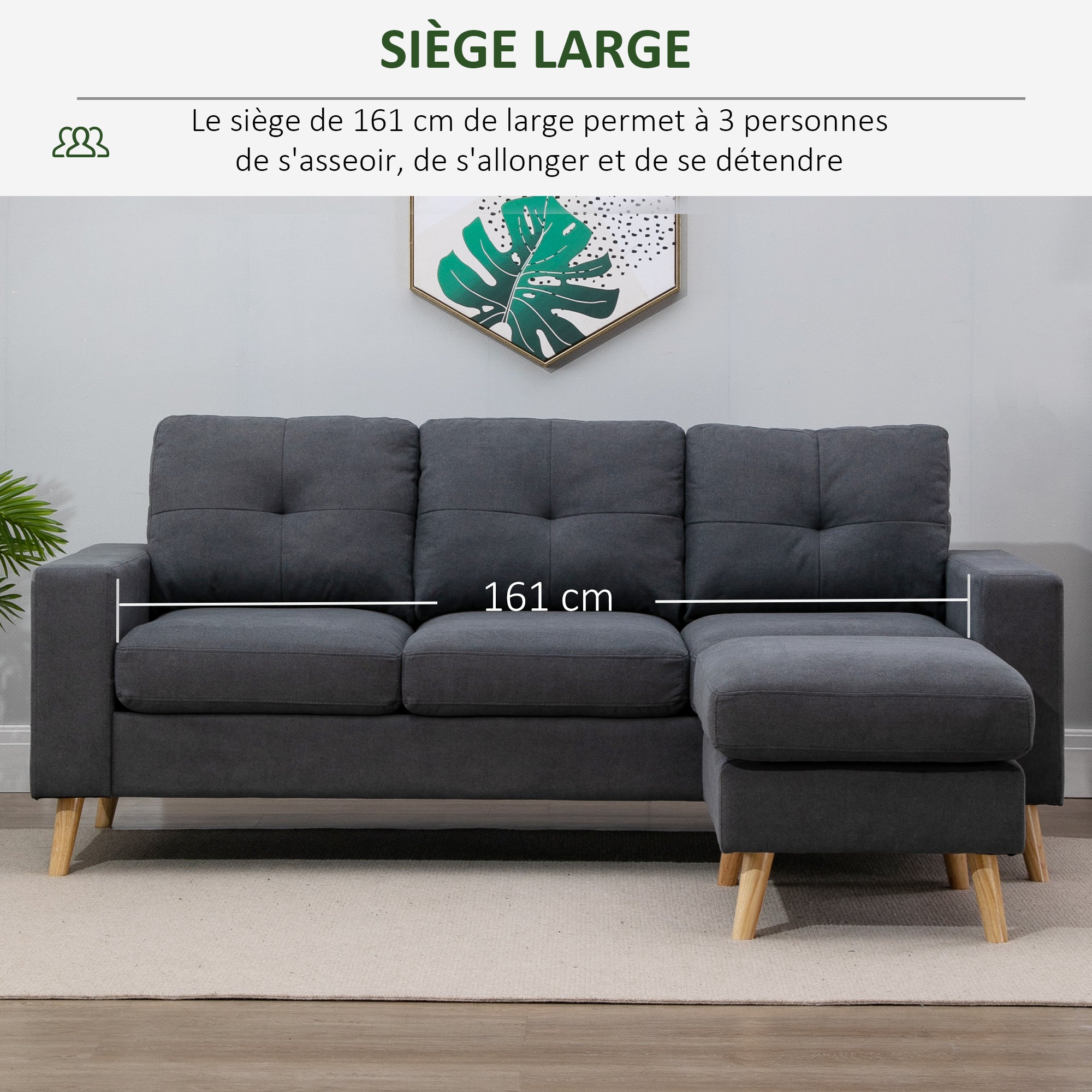 Linen Fabric Corner Sofa, 3 Seater Sofa, Reversible Chaise Lounge Left or Right, 193 cm, Scandinavian Design, for Living Room, Apartment, Small Space, Solid Wood Legs, Dark Gray