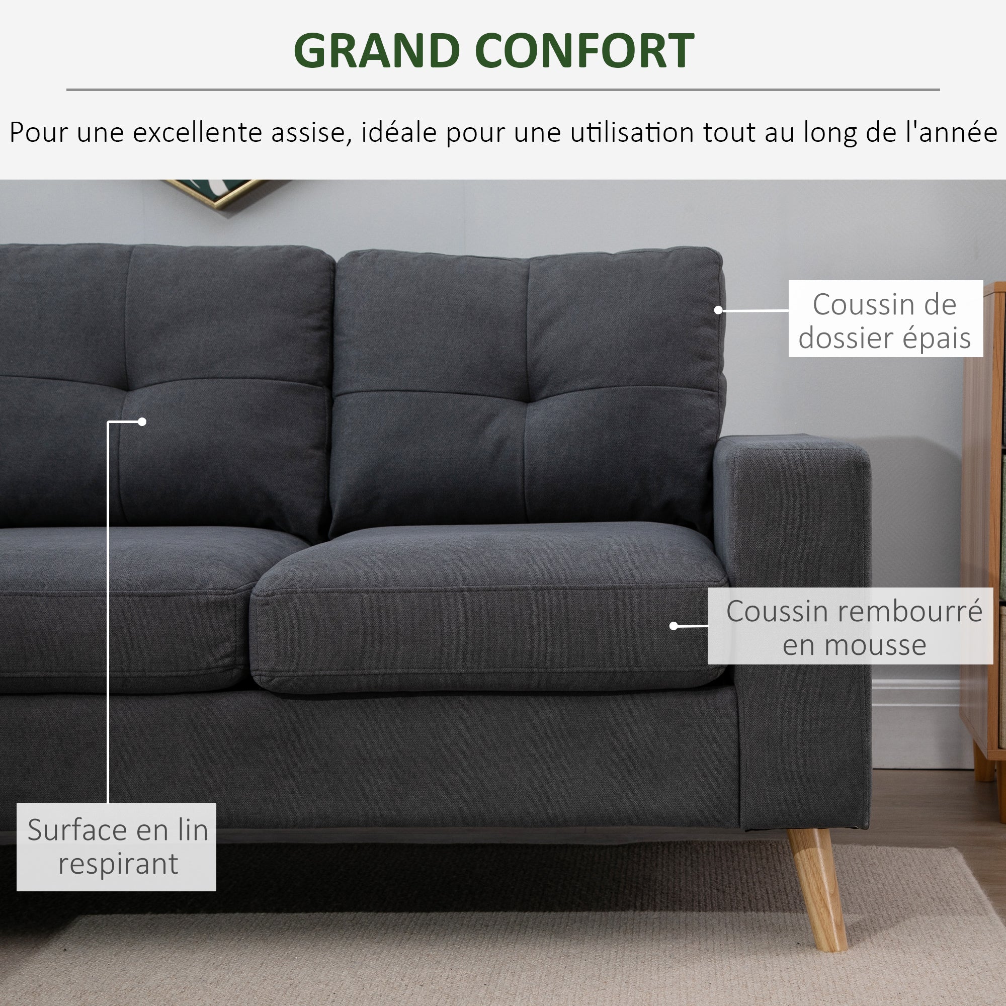 Linen Fabric Corner Sofa, 3 Seater Sofa, Reversible Chaise Lounge Left or Right, 193 cm, Scandinavian Design, for Living Room, Apartment, Small Space, Solid Wood Legs, Dark Gray