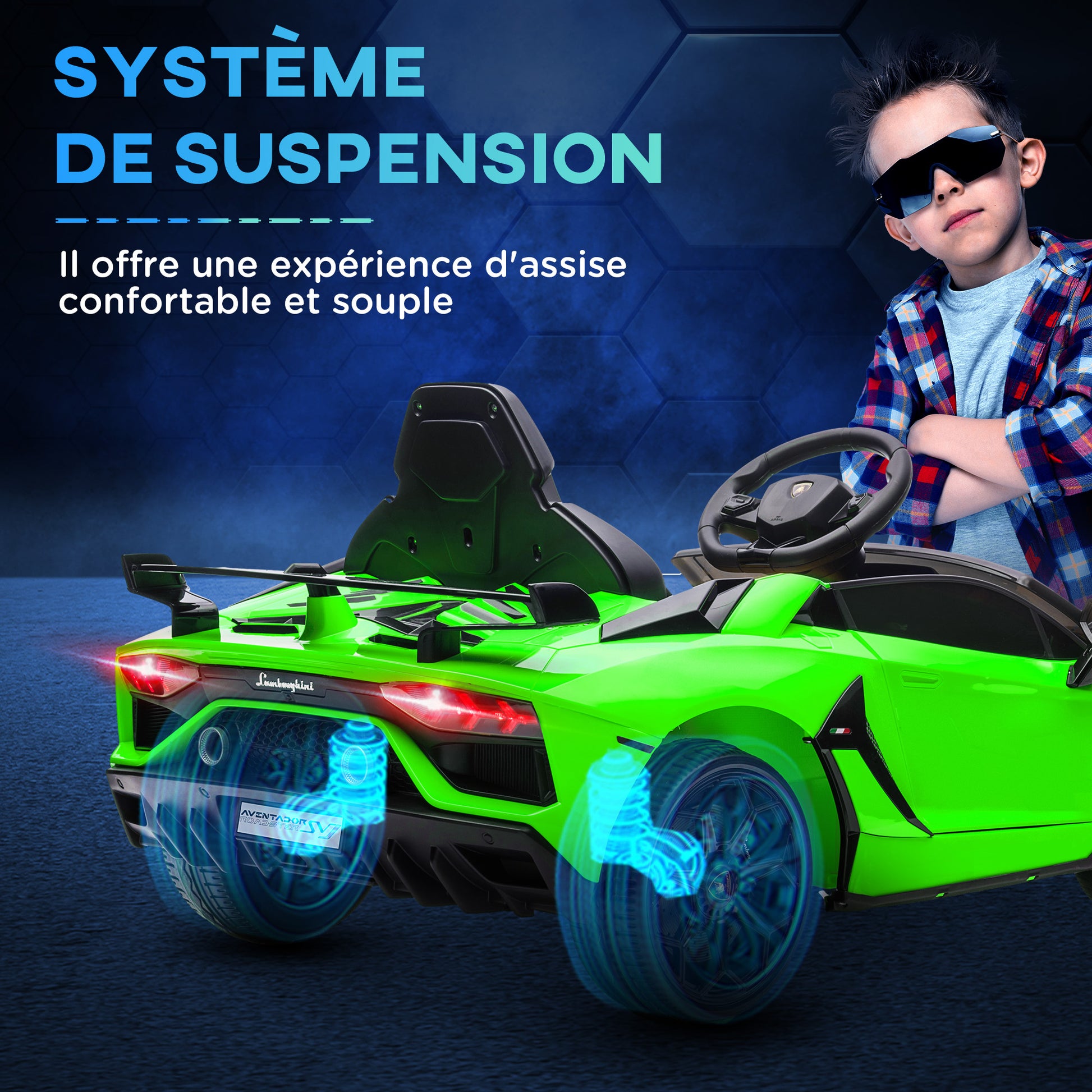 Kids' Electric Car, Lamborghini Aventador SVJ license, 12V with butterfly doors, LED remote control, music, USB, speed 3-5 Km/H, green