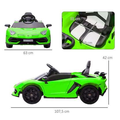Kids' Electric Car, Lamborghini Aventador SVJ license, 12V with butterfly doors, LED remote control, music, USB, speed 3-5 Km/H, green