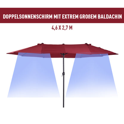 Double Sun Umbrella 455 x 265 cm, UV Protection Sunshade with Crank, Balcony Umbrella Beach Umbrella Windproof Crank Umbrella Sun Protection for Beach Balcony Garden, Burgundy