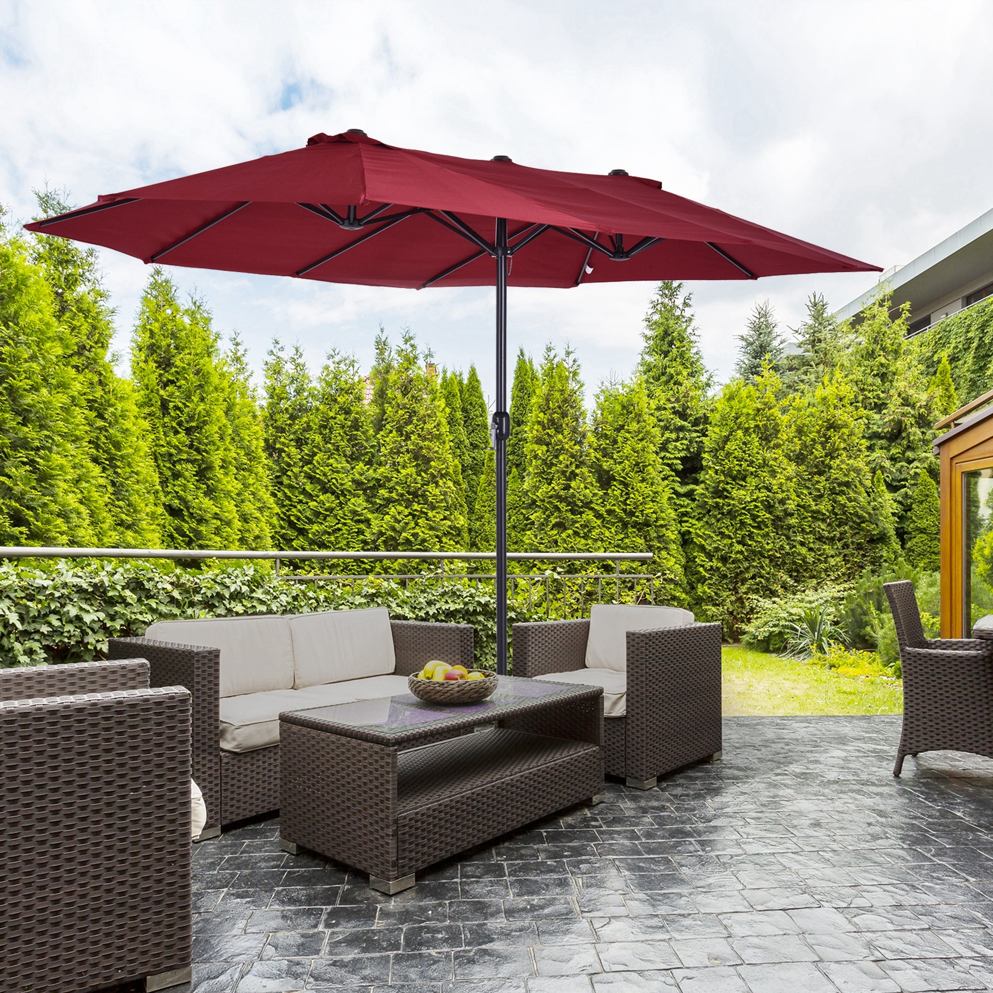 Double Sun Umbrella 455 x 265 cm, UV Protection Sunshade with Crank, Balcony Umbrella Beach Umbrella Windproof Crank Umbrella Sun Protection for Beach Balcony Garden, Burgundy