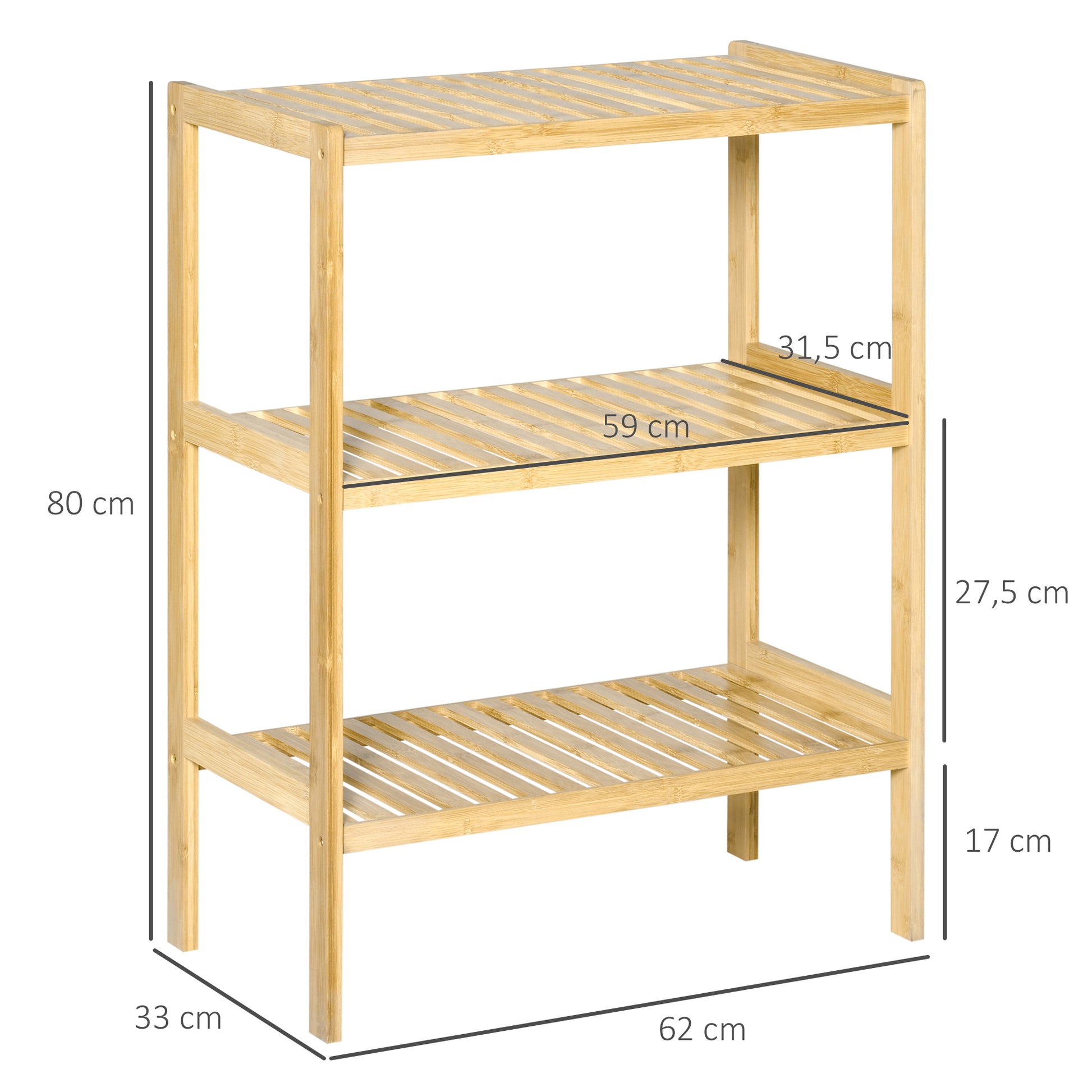 3-Tier Bamboo Shelf Modern Freestanding Storage Shelf for Bathroom Kitchen Living Room Bedroom Anti-tip 62x33x80 cm Natural Wood