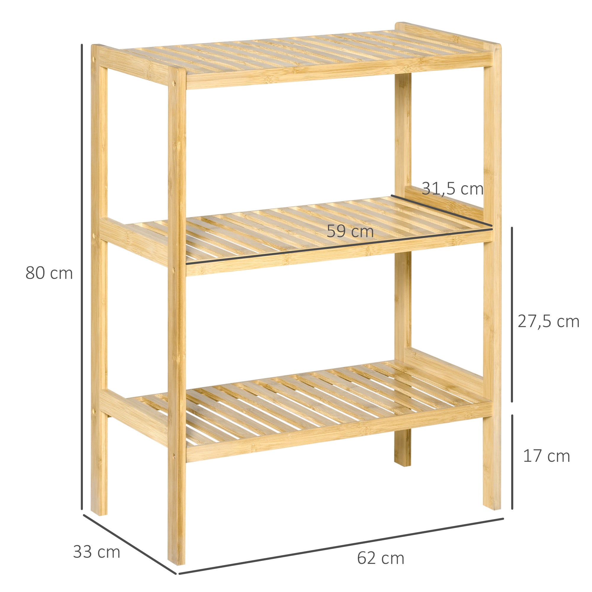 3-Tier Bamboo Shelf Modern Freestanding Storage Shelf for Bathroom Kitchen Living Room Bedroom Anti-tip 62x33x80 cm Natural Wood