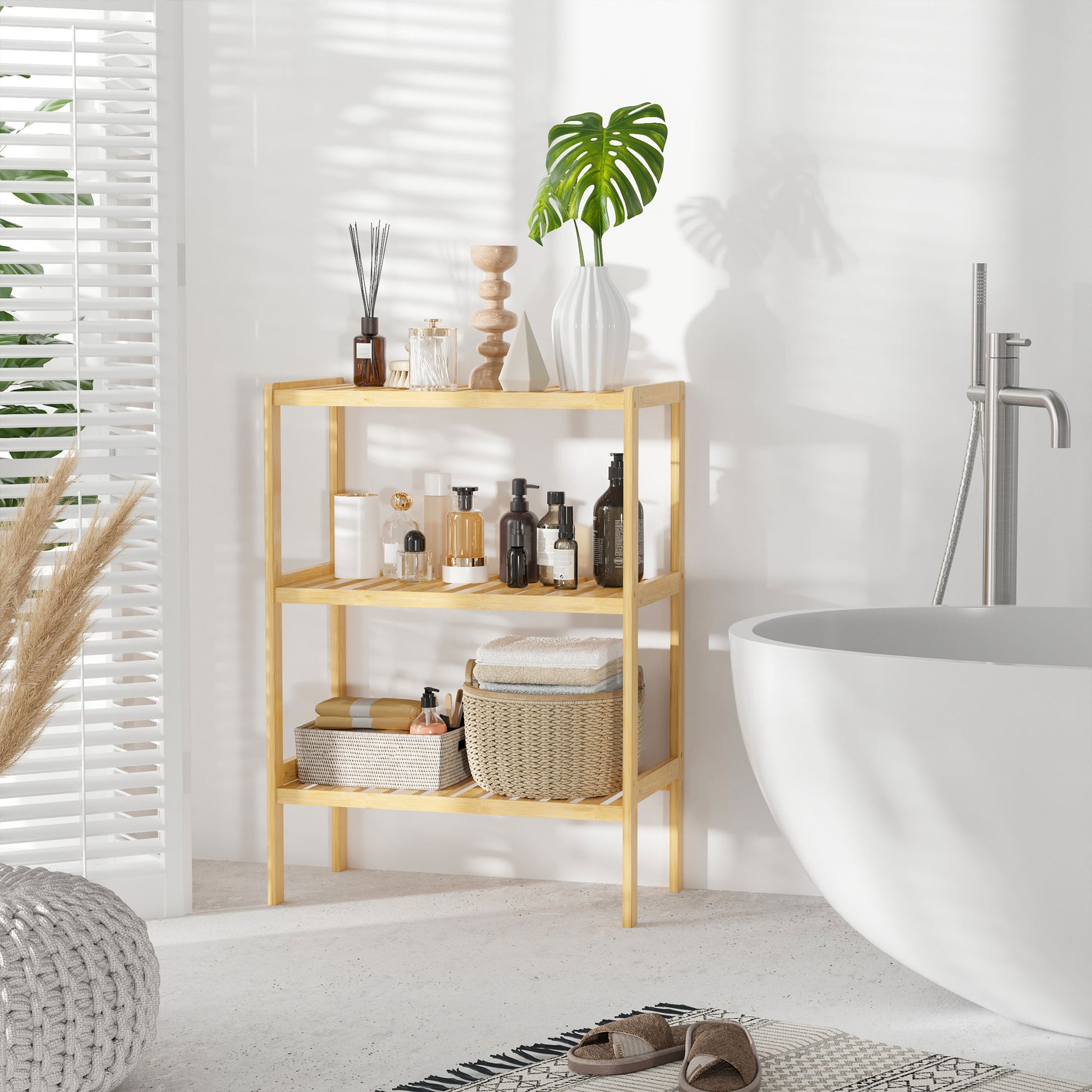 3-Tier Bamboo Shelf Modern Freestanding Storage Shelf for Bathroom Kitchen Living Room Bedroom Anti-tip 62x33x80 cm Natural Wood