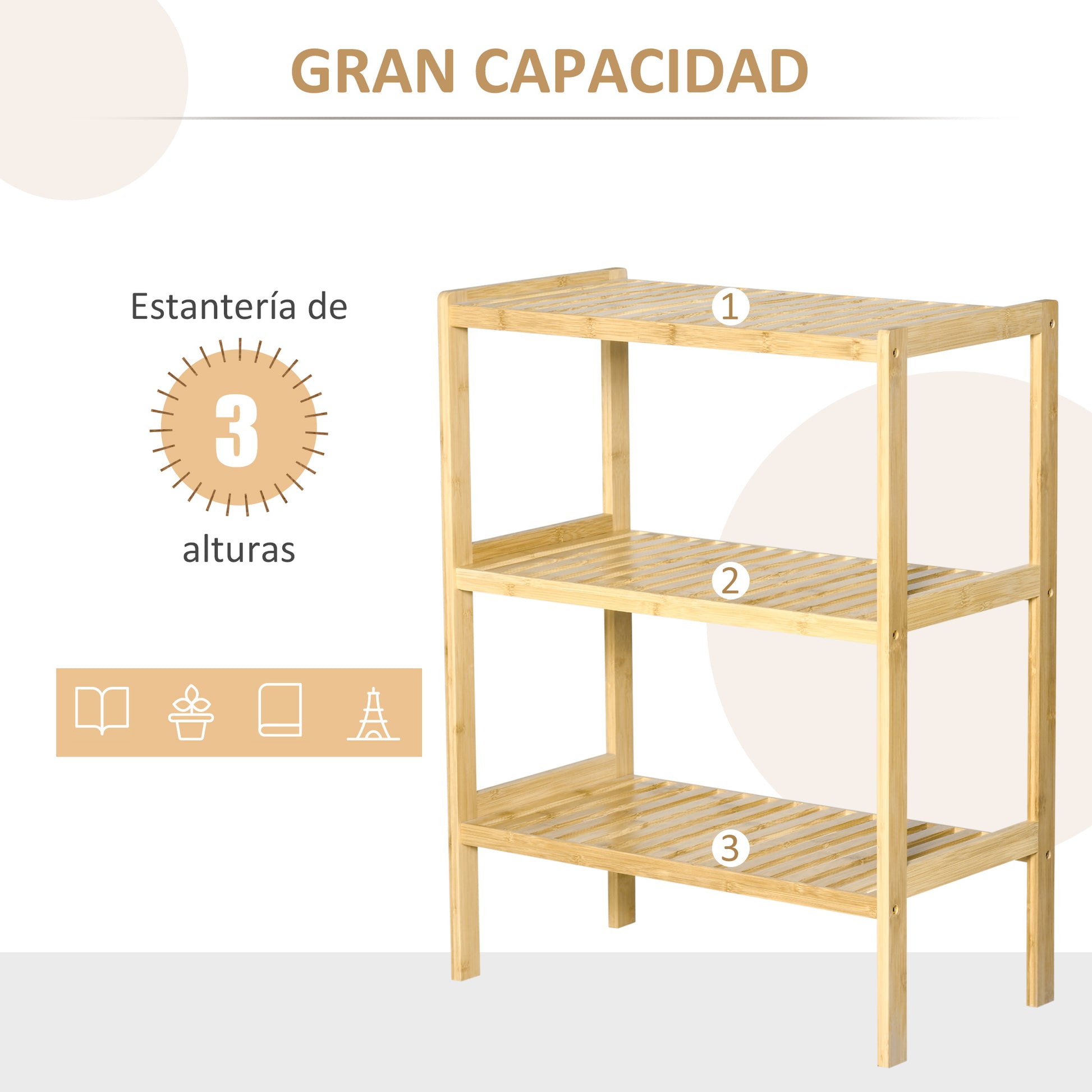 3-Tier Bamboo Shelf Modern Freestanding Storage Shelf for Bathroom Kitchen Living Room Bedroom Anti-tip 62x33x80 cm Natural Wood