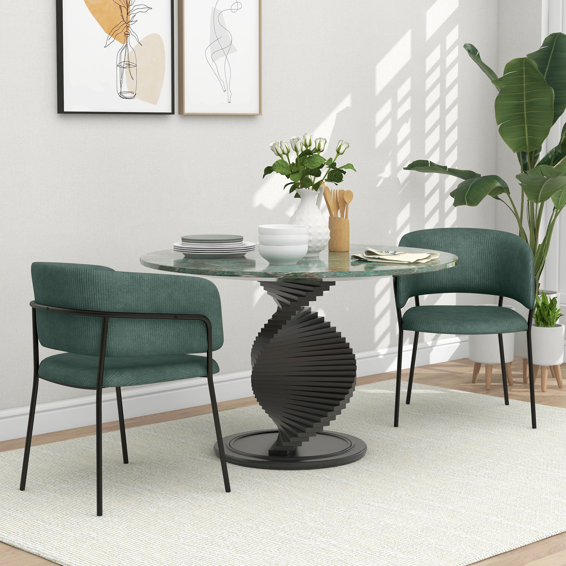 Set of 2 dining chairs kitchen chairs with steel legs, padded seat, for dining room, living room, kitchen, dim. 57L x 53W x 73H cm green