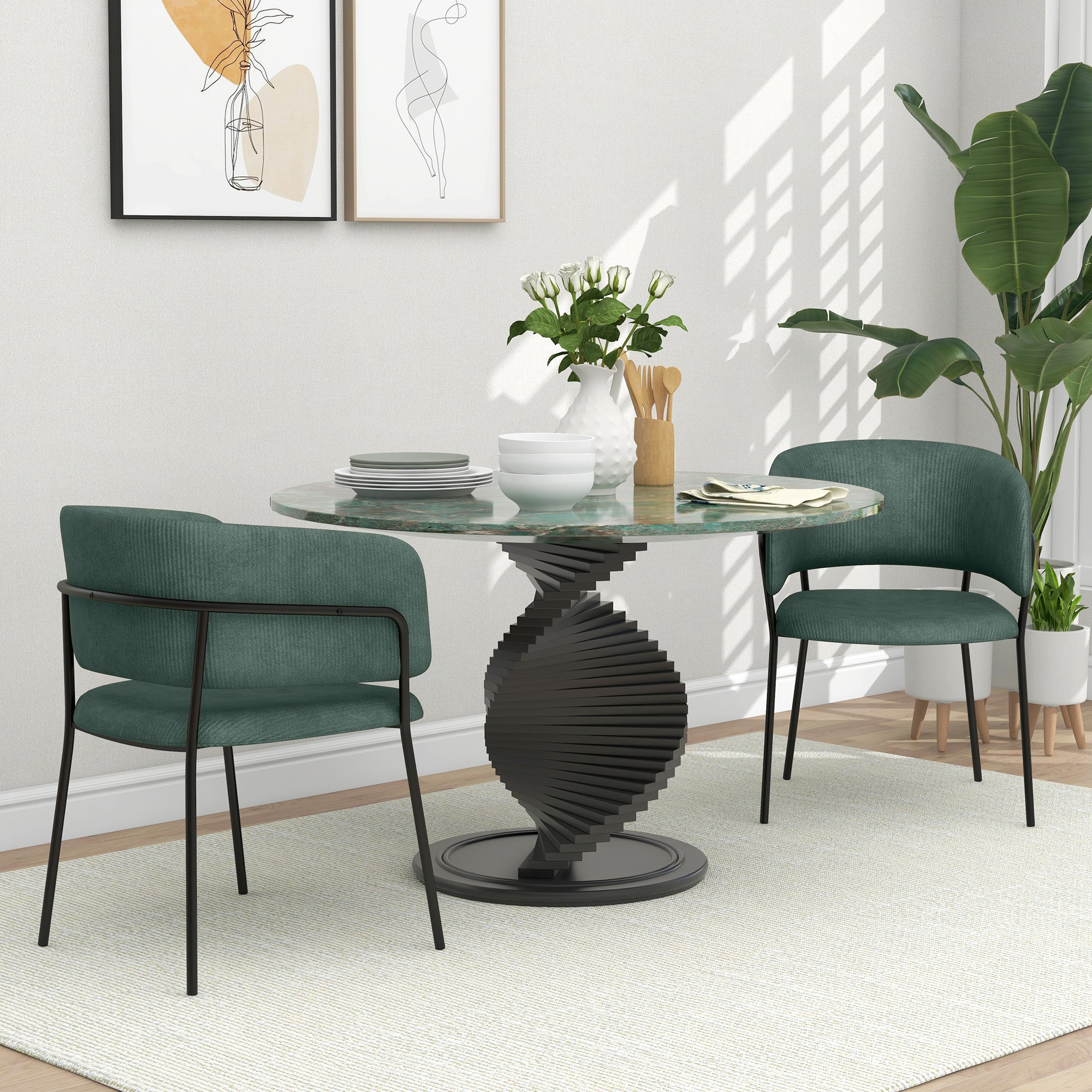Set of 2 dining chairs kitchen chairs with steel legs, padded seat, for dining room, living room, kitchen, dim. 57L x 53W x 73H cm green