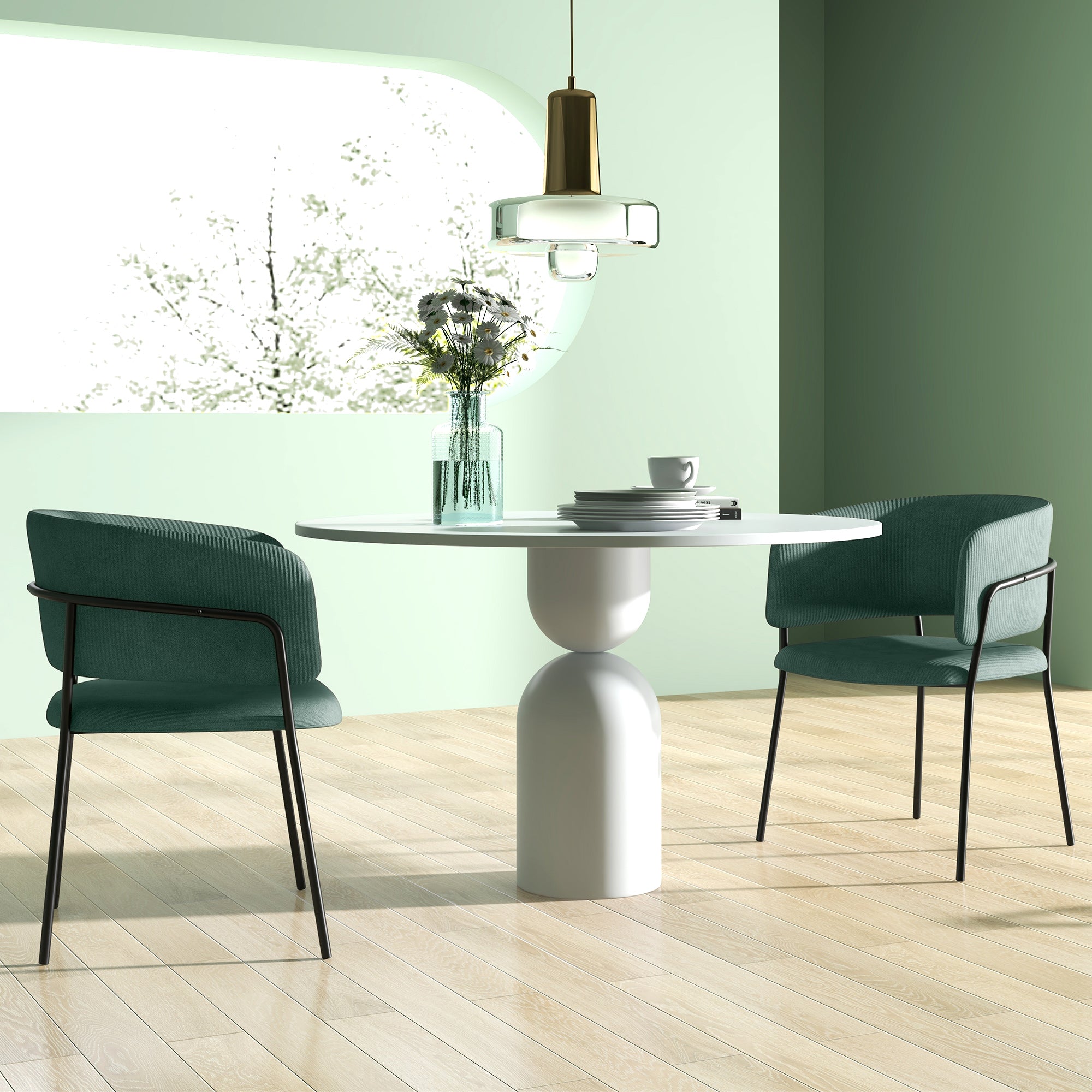 Set of 2 dining chairs kitchen chairs with steel legs, padded seat, for dining room, living room, kitchen, dim. 57L x 53W x 73H cm green