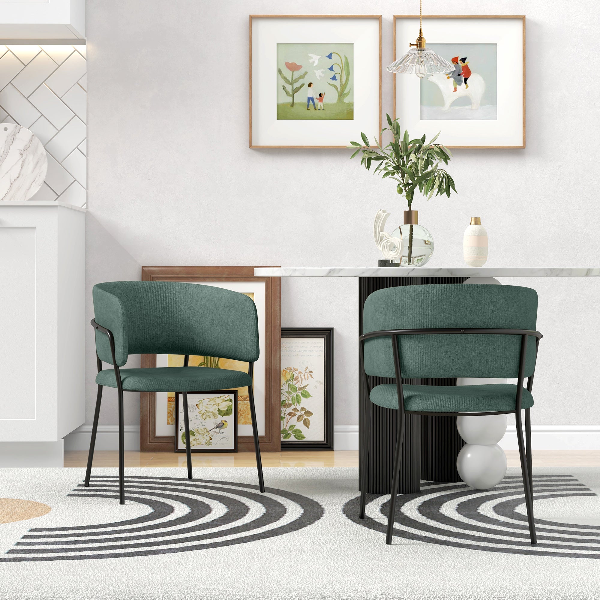 Set of 2 dining chairs kitchen chairs with steel legs, padded seat, for dining room, living room, kitchen, dim. 57L x 53W x 73H cm green