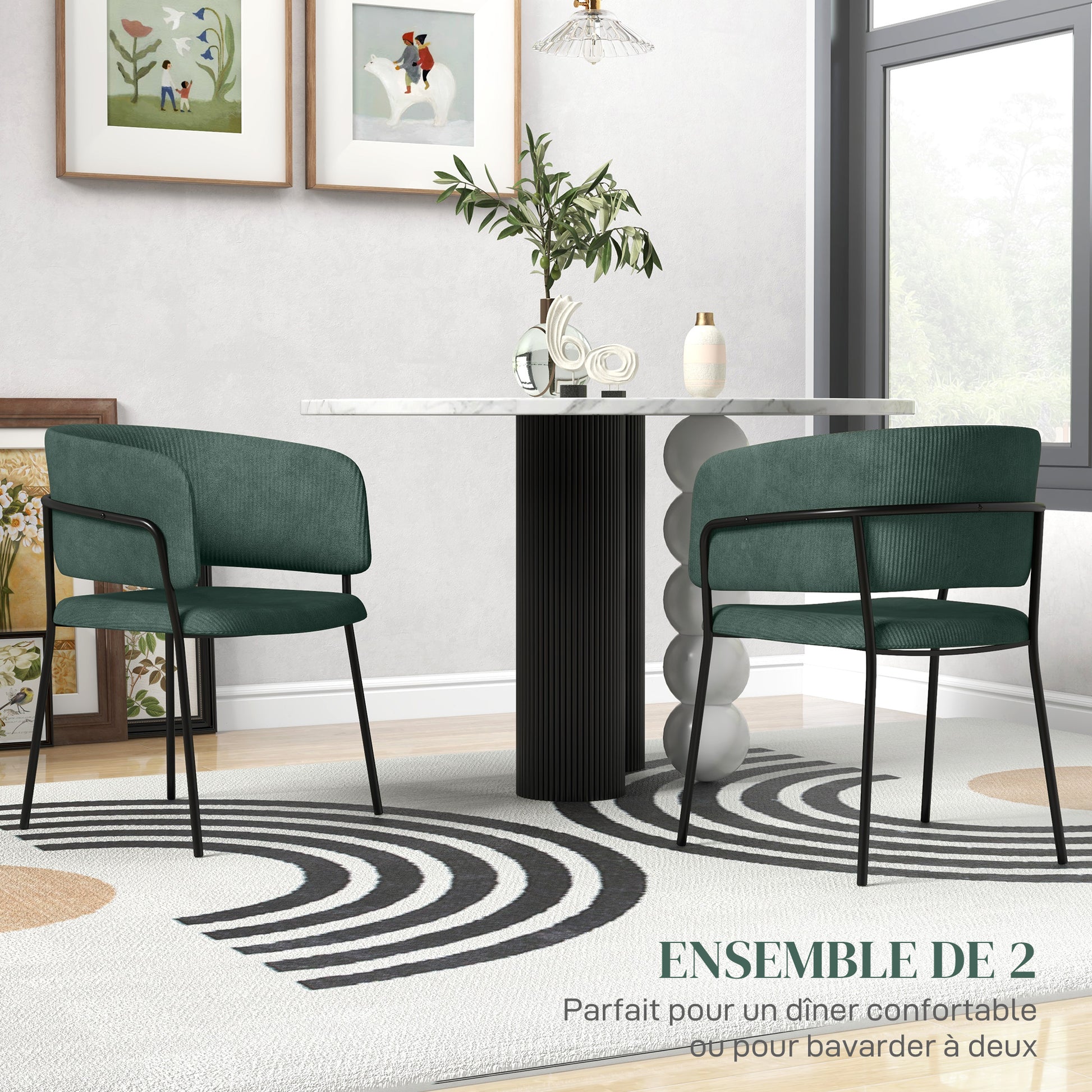 Set of 2 dining chairs kitchen chairs with steel legs, padded seat, for dining room, living room, kitchen, dim. 57L x 53W x 73H cm green