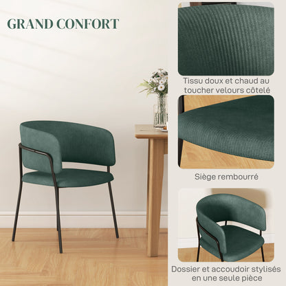 Set of 2 dining chairs kitchen chairs with steel legs, padded seat, for dining room, living room, kitchen, dim. 57L x 53W x 73H cm green