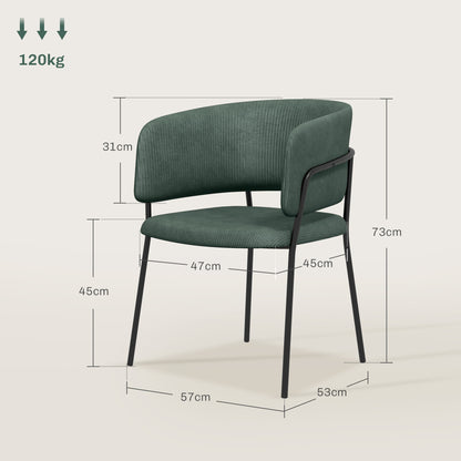 Set of 2 dining chairs kitchen chairs with steel legs, padded seat, for dining room, living room, kitchen, dim. 57L x 53W x 73H cm green