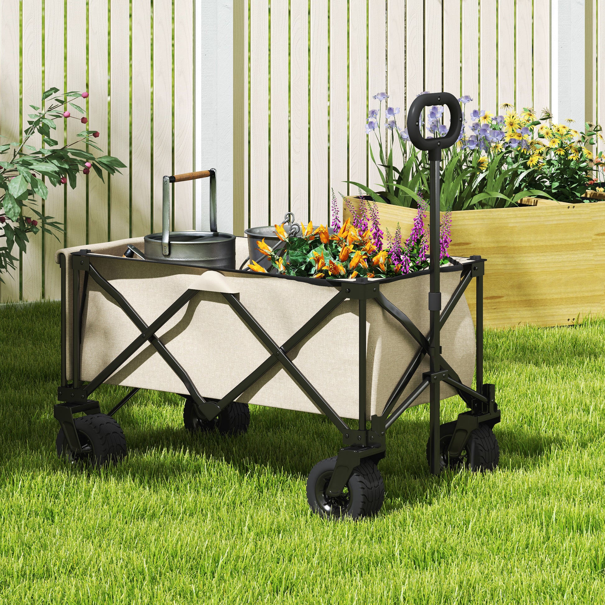 Garden Cart 100 kg Capacity, Foldable Transport Wagon with Removable Tarpaulin, Handle, Wheels, Wagon Cart Handcart Garden Cart 138 Liters, Utility Cart for Home, Garden Beige