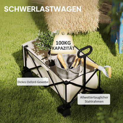 Garden Cart 100 kg Capacity, Foldable Transport Wagon with Removable Tarpaulin, Handle, Wheels, Wagon Cart Handcart Garden Cart 138 Liters, Utility Cart for Home, Garden Beige