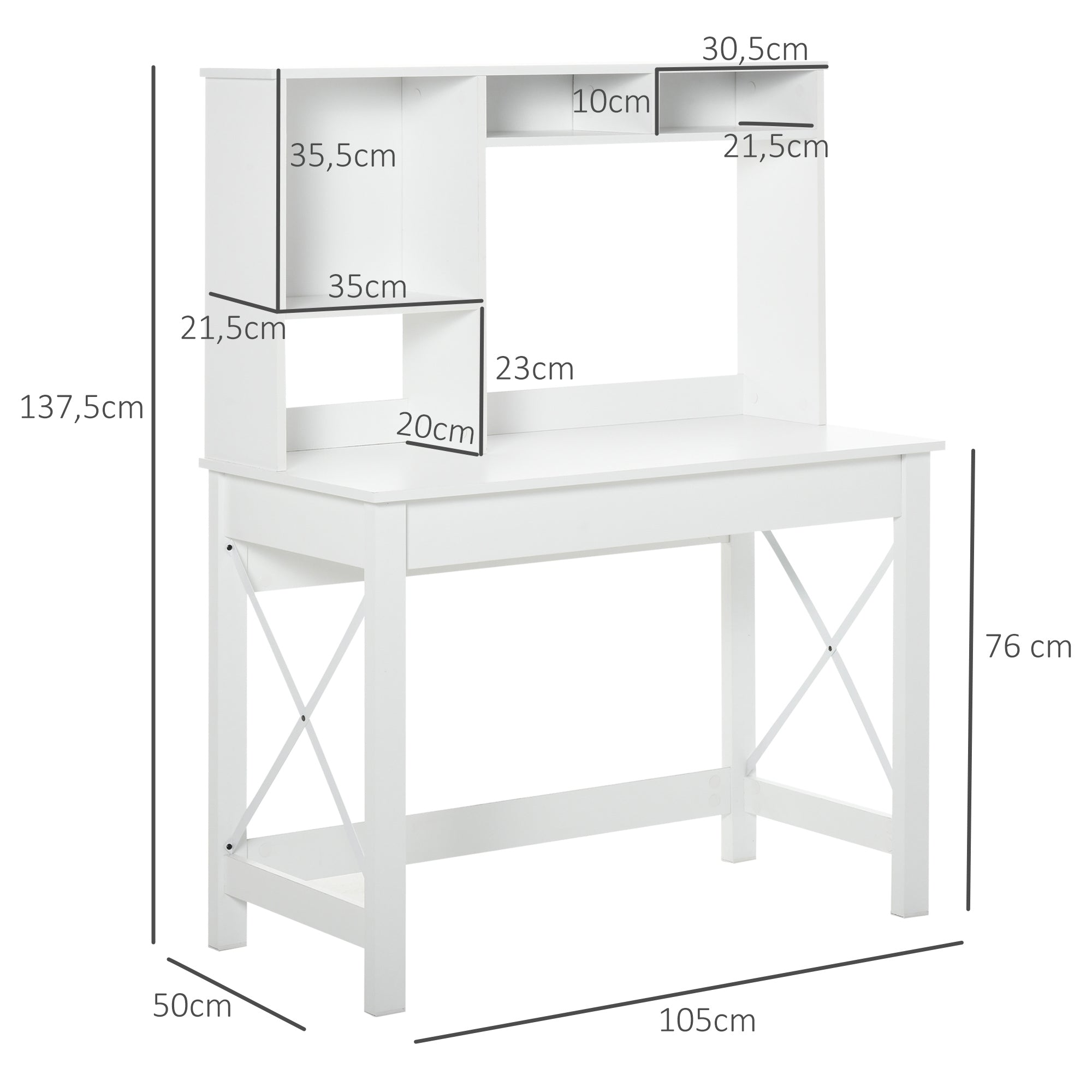 Desk with Storage, Bookshelf, Modern Wooden Desk with Shelves and Large Desk for Small Spaces Home Office Bedroom, 105 x 50 x 137.5 cm, White