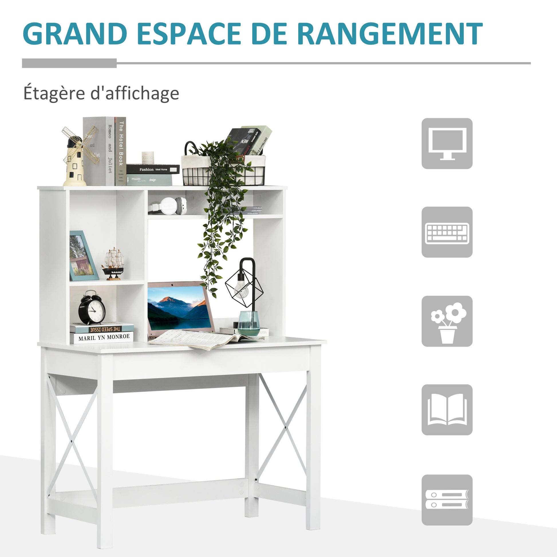 Desk with Storage, Bookshelf, Modern Wooden Desk with Shelves and Large Desk for Small Spaces Home Office Bedroom, 105 x 50 x 137.5 cm, White