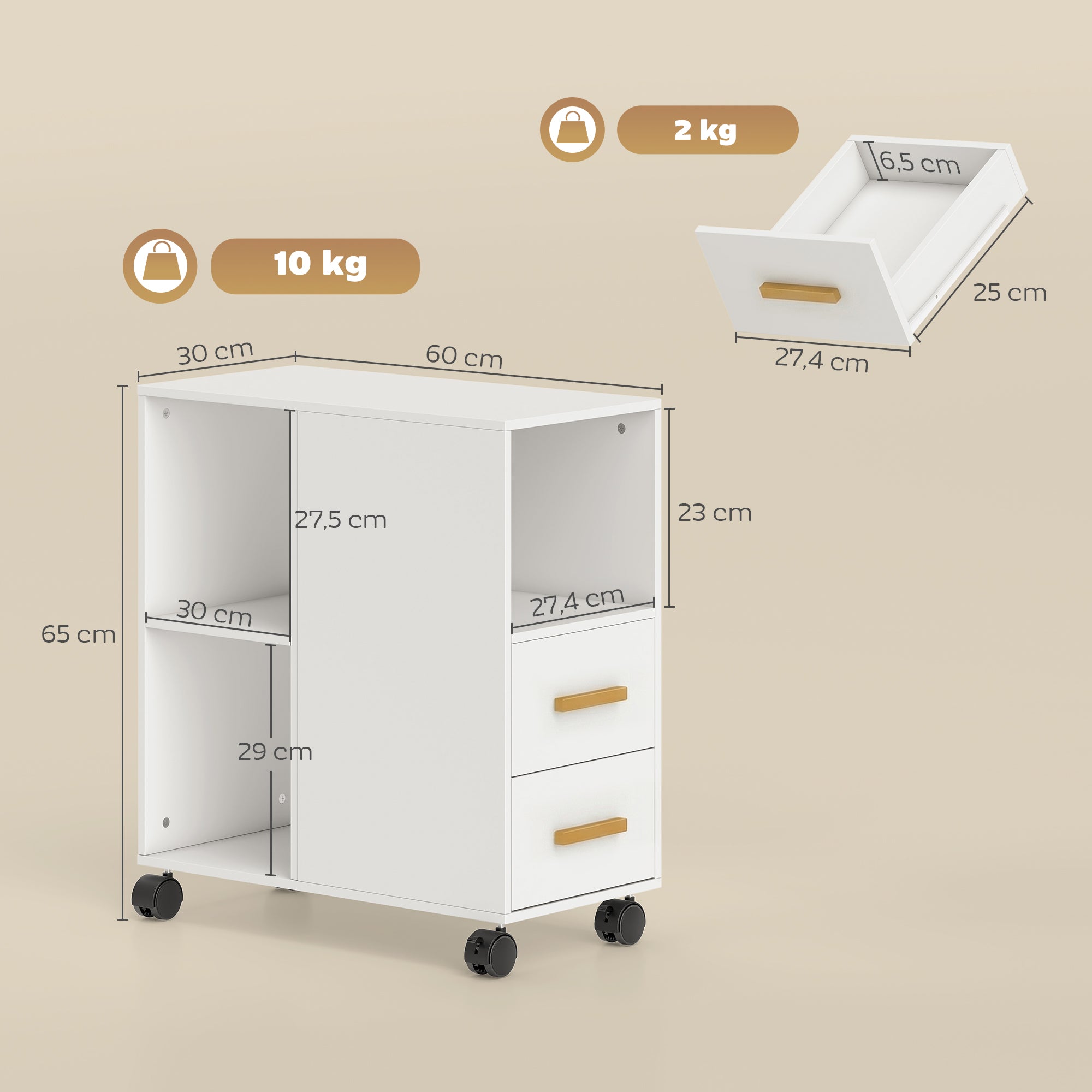 Mobile Printer Stand with Adjustable Shelf, Wheels & Desk Organizer — Printer Cart for Office, Fax, Scanner | White (23.6 x 11.8 x 25.6 in)