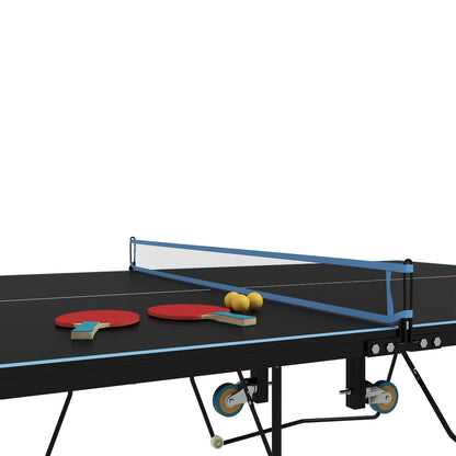 SPORTNOW Table Tennis Table, Folding Table Tennis with Net, Wheels, 2 Table Tennis Rackets, and 3 Balls, Steel, Black, 274 x 152.5 x 76 cm